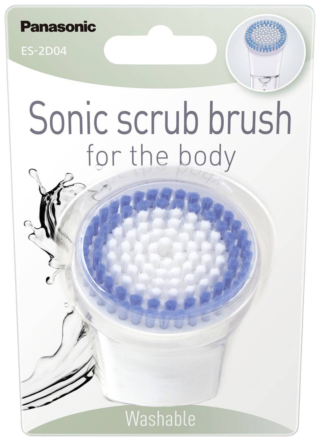 Verpackung einer 'Sonic scrub brush for the body' von Panasonic, Modell ES-2D04, abgebildet mit einer Bürste und dem Hinweis 'Washable'.