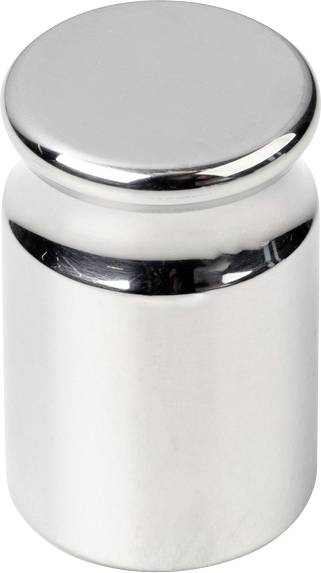 Ein zylindrisches Metallgewicht, glänzend und silbern, steht aufrecht. Es wird oft zur Kalibrierung von Waagen verwendet.