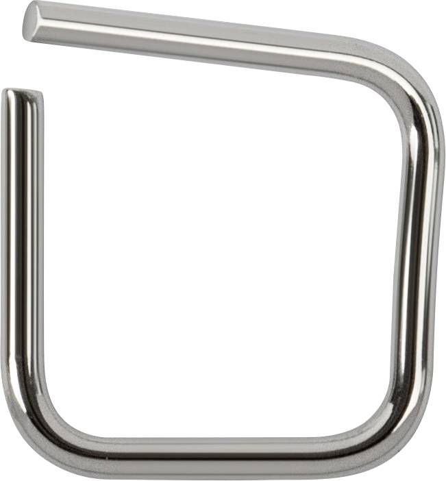 Metallbügel mit U-Form, offen an einer Seite; glänzende Oberfläche. Geeignet als Griff oder Aufhängung.