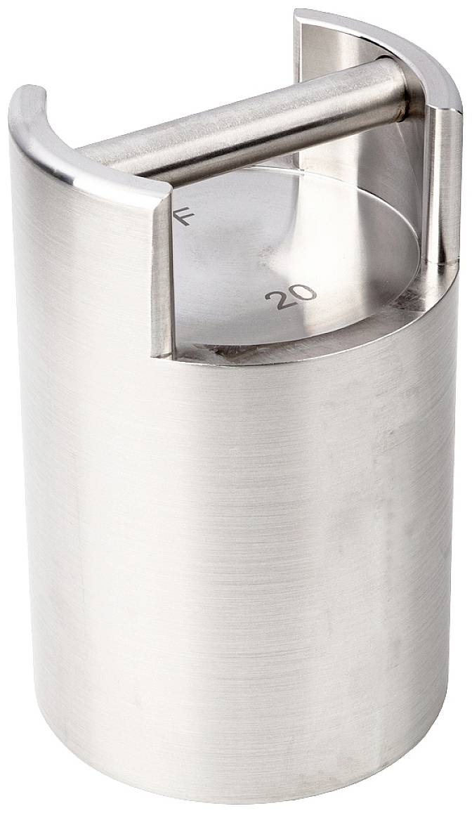 Metallgewicht mit Griff, zylindrische Form, mit eingravierten Zahlen 'F' und '20'.