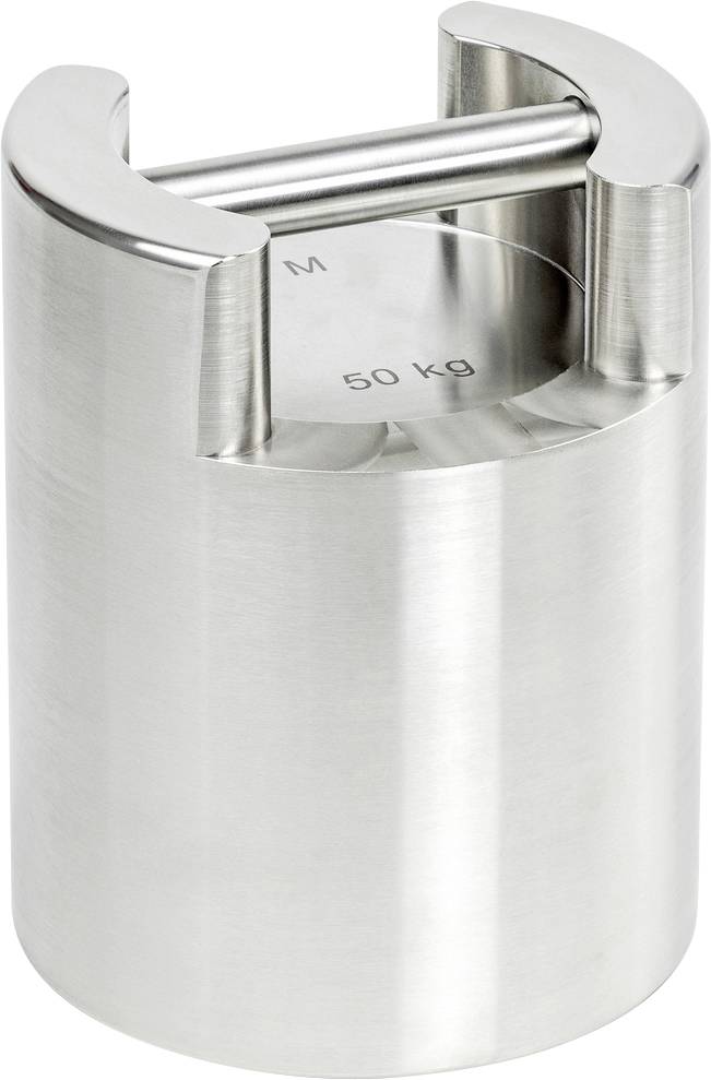 Edelstahlgewicht mit Griff, markiert mit M und 50 kg.