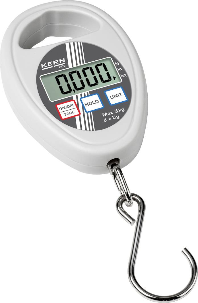 Handliche digitale Hängewaage Kern mit großem Display, Haken und Funktionstasten für Einheiten und Halten. Maximale Tragkraft: 5 kg.