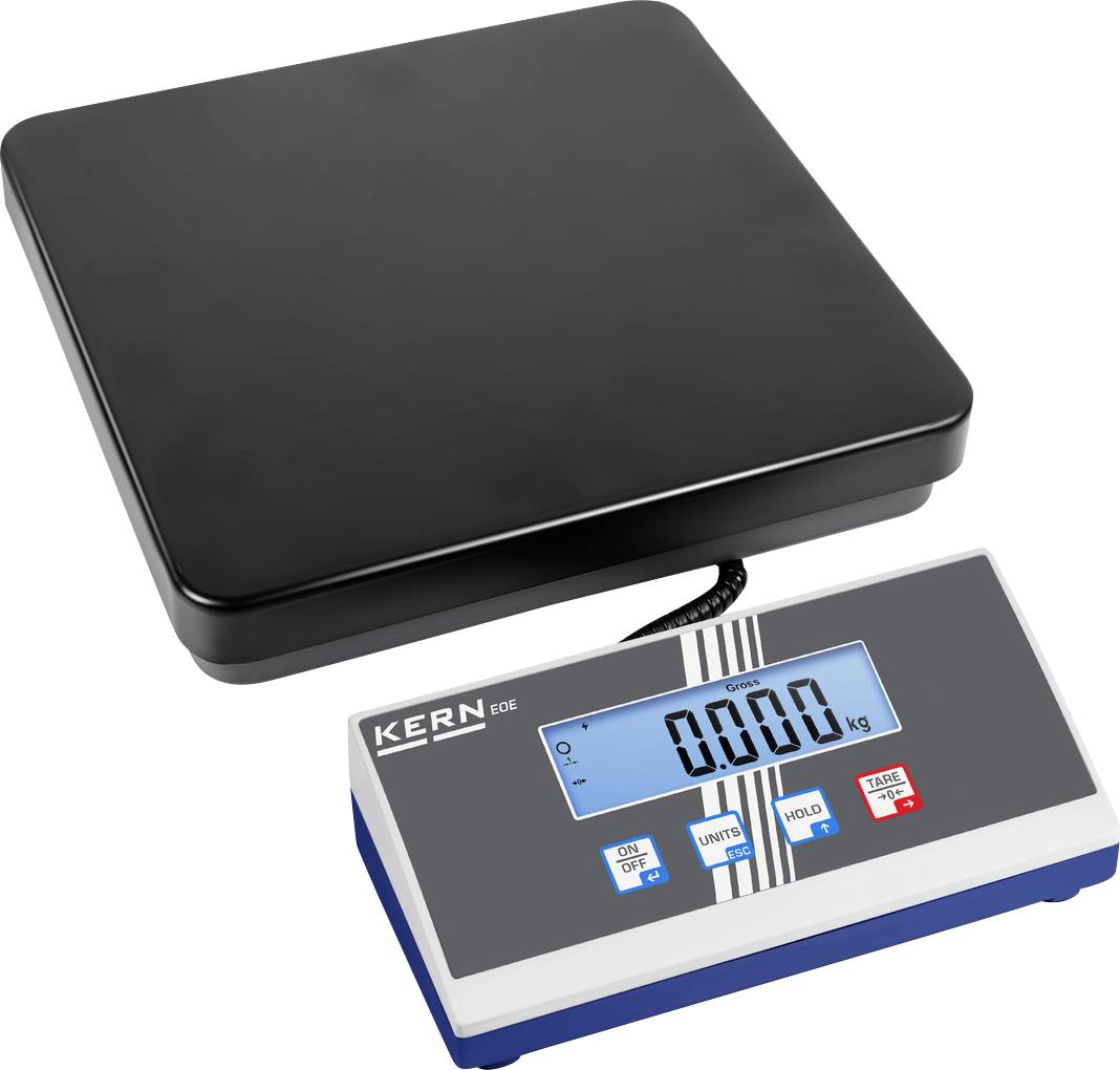 Digitale Waage mit schwarzer Plattform und blau-grauem Display zeigt '0,000 kg'. Markenname links oben auf dem Display.