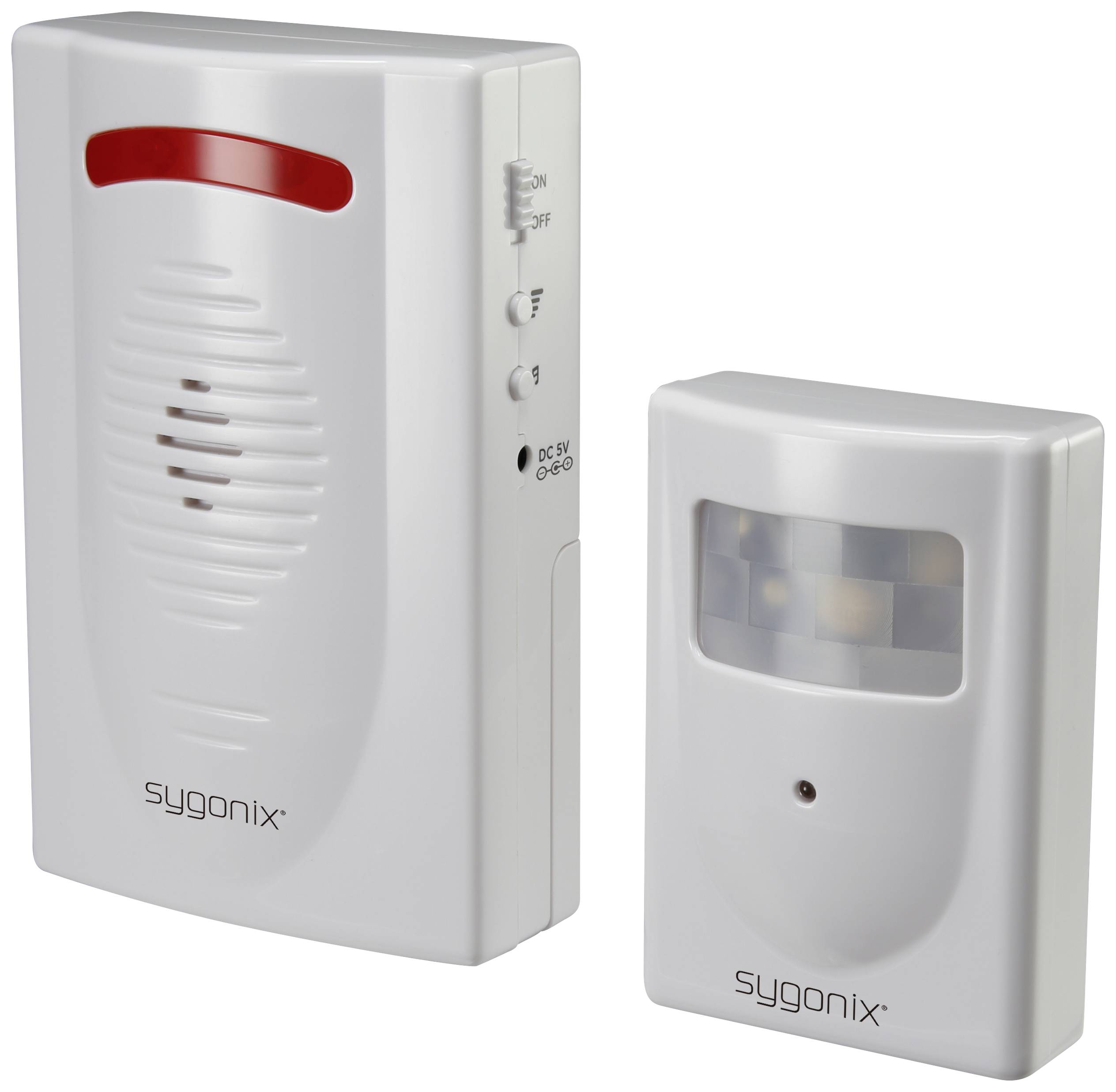 Ein drahtloser Bewegungsmelder mit einem separaten Alarmmodul. Beide Geräte sind weiß und tragen die Aufschrift 'sygonix'.
