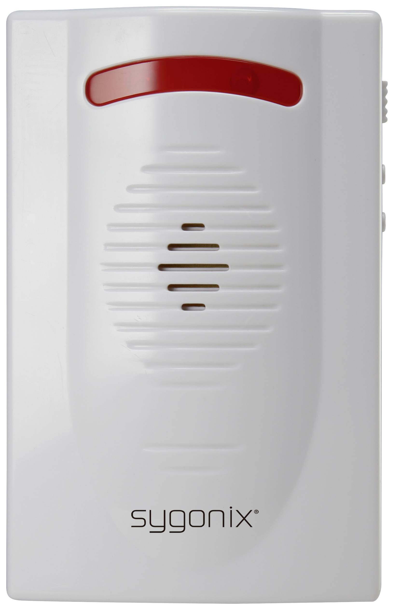 Ein weißer Rauchmelder mit rotem Lichtelement und Lautsprechergitter. Der Markenname 'sygonix' ist unten aufgedruckt.