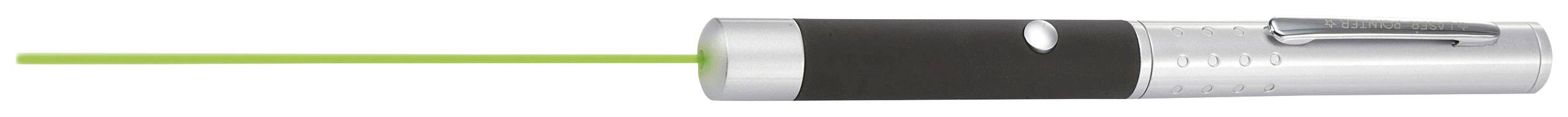 Silberner Laserpointer mit schwarzem Griff, der grünen Strahl ausstrahlt, Hinweis auf Präsentations- oder Lehrzweck.