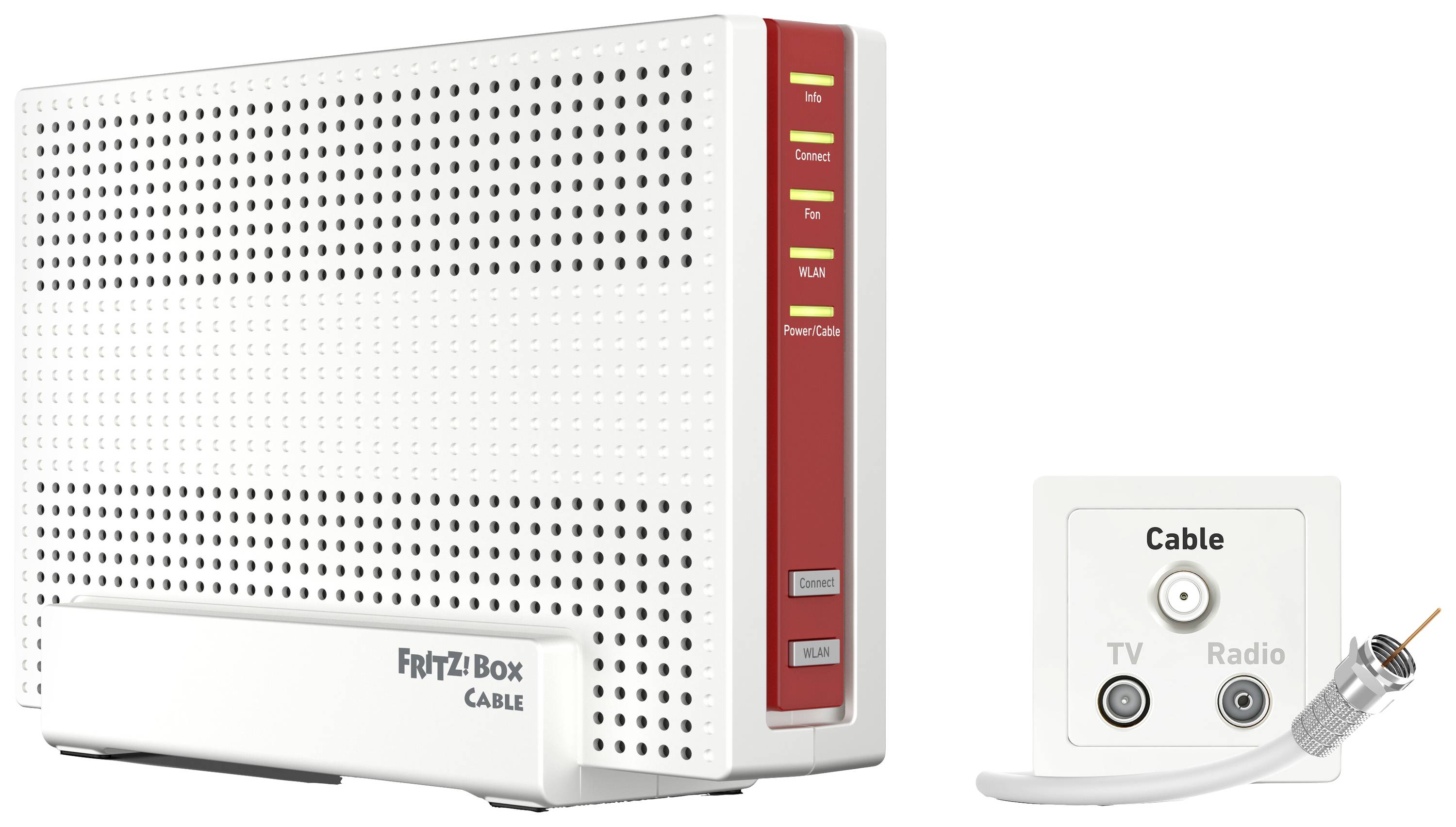 Ein weißer WLAN-Router mit vertikalem roten Panel und Anschlussleuchten steht neben einer Kabelanschlussdose für TV und Radio.