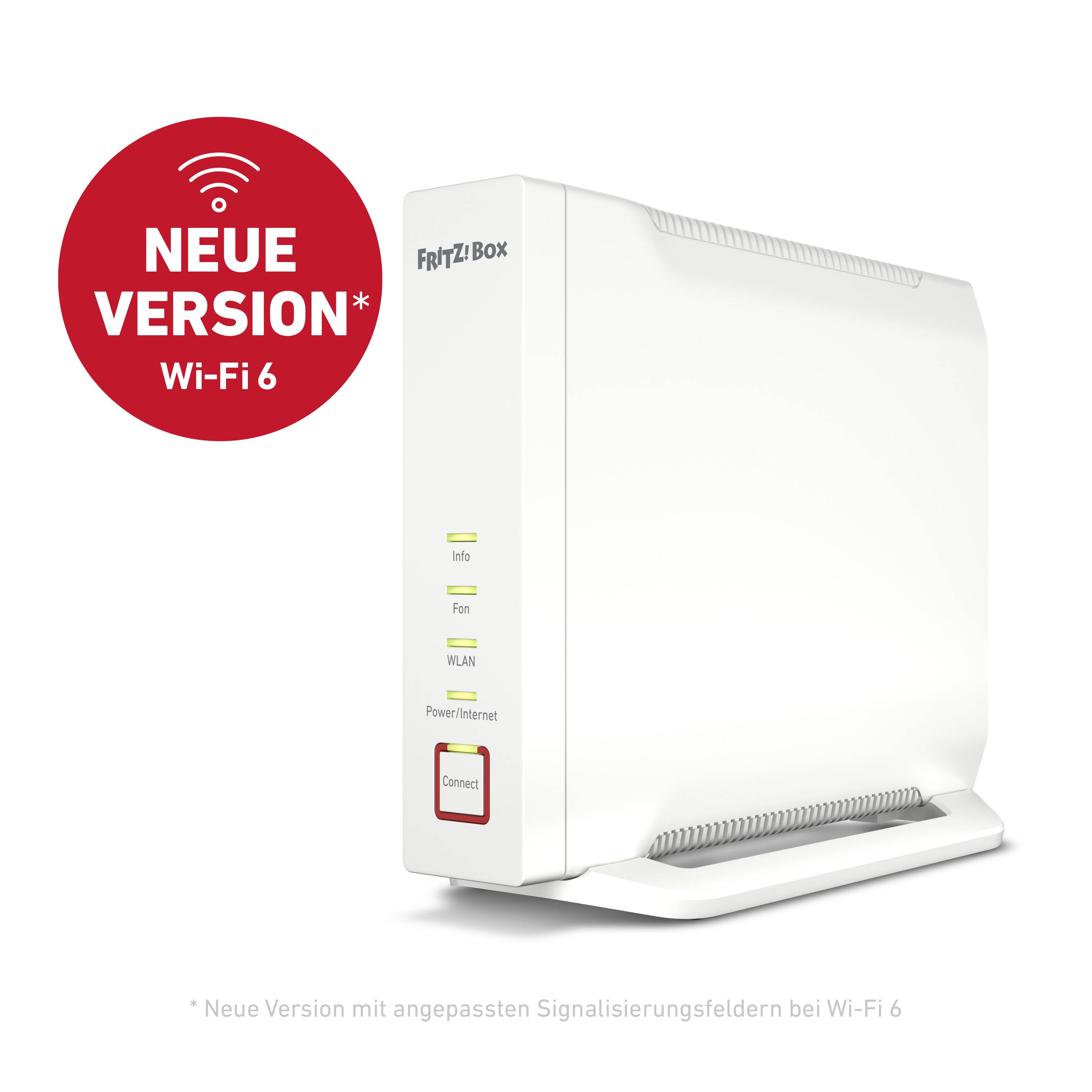 'Fritz!Box' Router mit Wi-Fi 6 und Anzeigeleuchten für Info, Power/LAN und WLAN. Roter Punkt mit Text 'Neue Version Wi-Fi 6'.