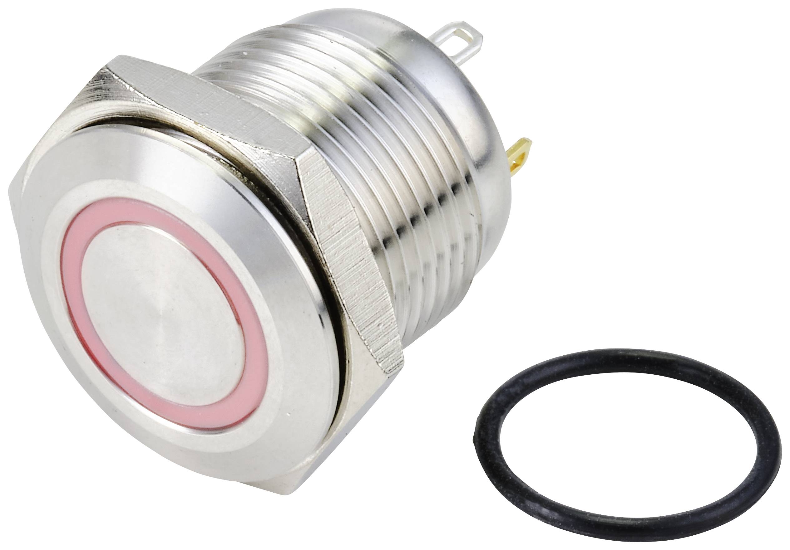 Ein runder Metallknopf mit rotem Rand auf einer Seite und einem schwarzen Dichtungsring daneben. Der Knopf hat elektrische Anschlüsse.