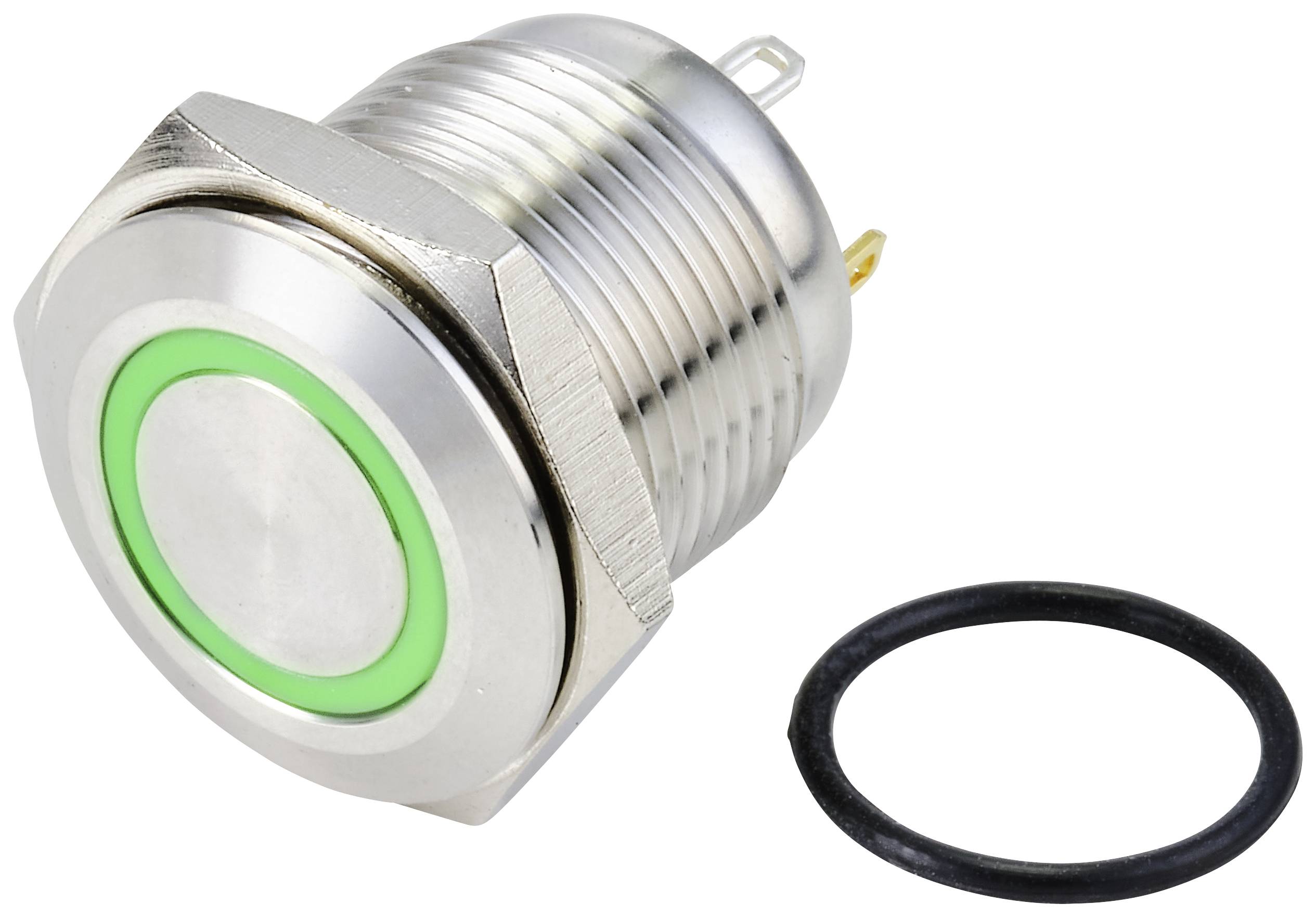 Metallschalter mit grünem Ring und Dichtungsring. Geeignet für Elektroinstallationen.