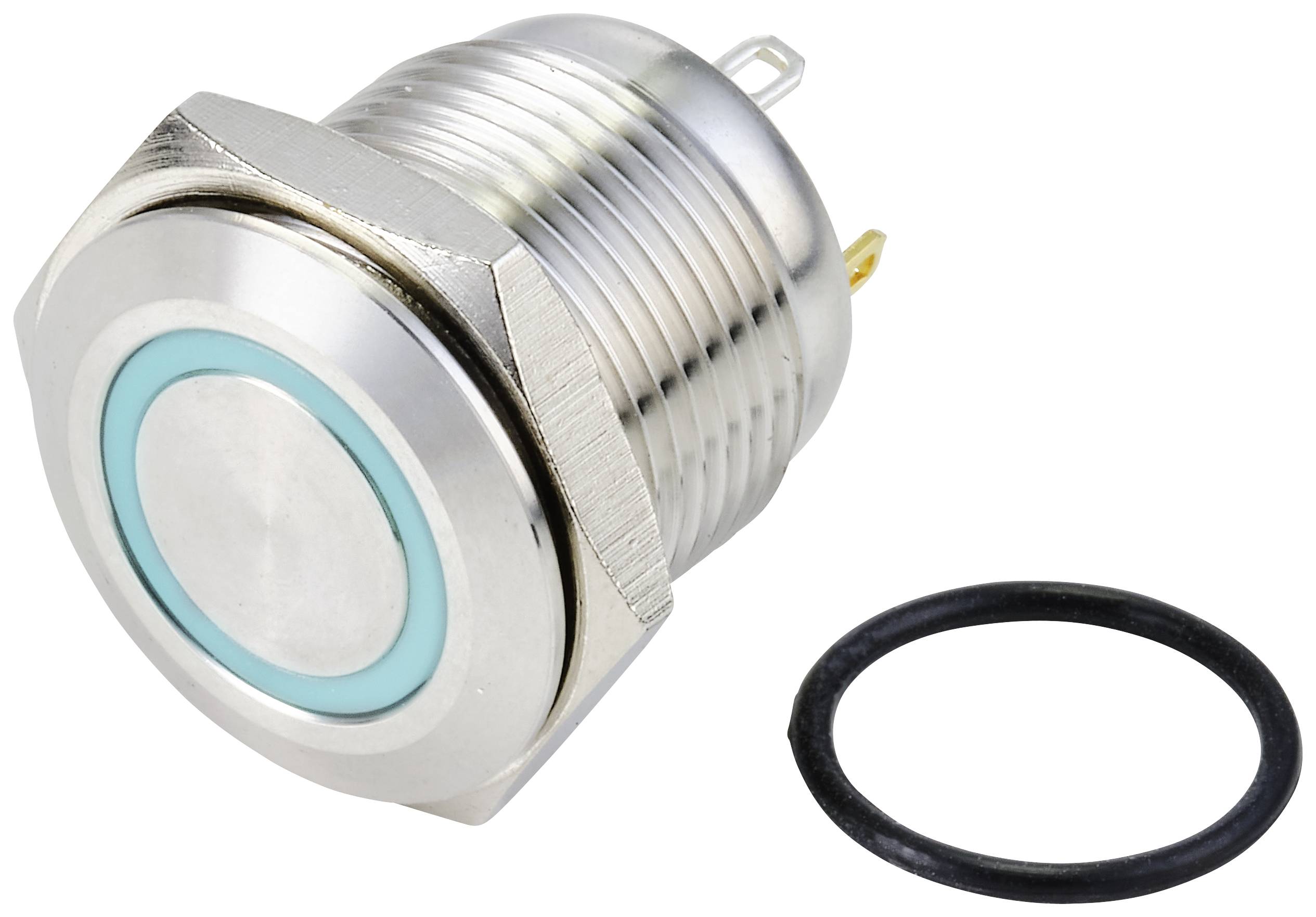 Metallischer Druckknopf mit blauem LED-Ring und schwarzem Dichtungsring, geeignet für Schalttafeln und industrielle Anwendungen.