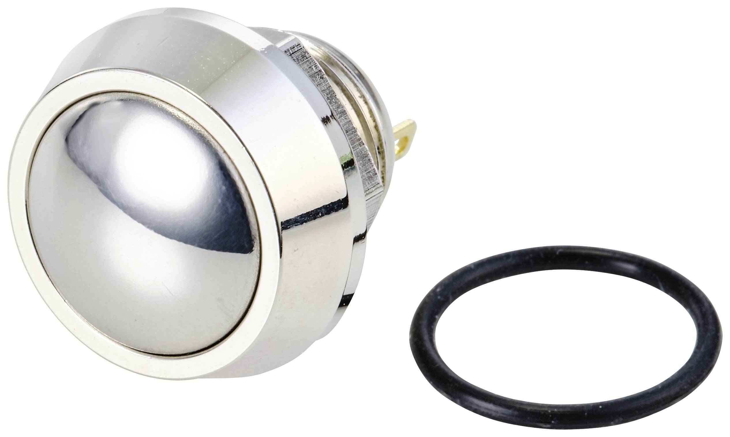 Silberner Drucktasterknopf neben einem schwarzen O-Ring auf weißem Hintergrund. Der Taster wirkt mechanisch und robust.