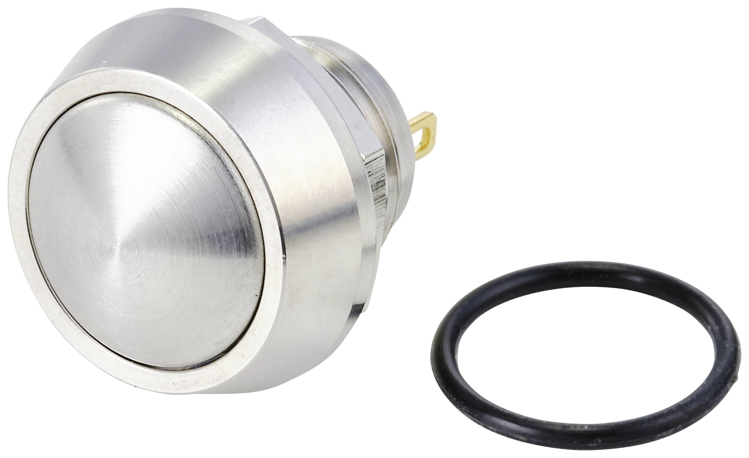 Runder, silberner Metallknopf neben einem schwarzen O-Ring. Der Knopf hat eine flache Oberfläche und einen kleinen, kreisförmigen Rand.