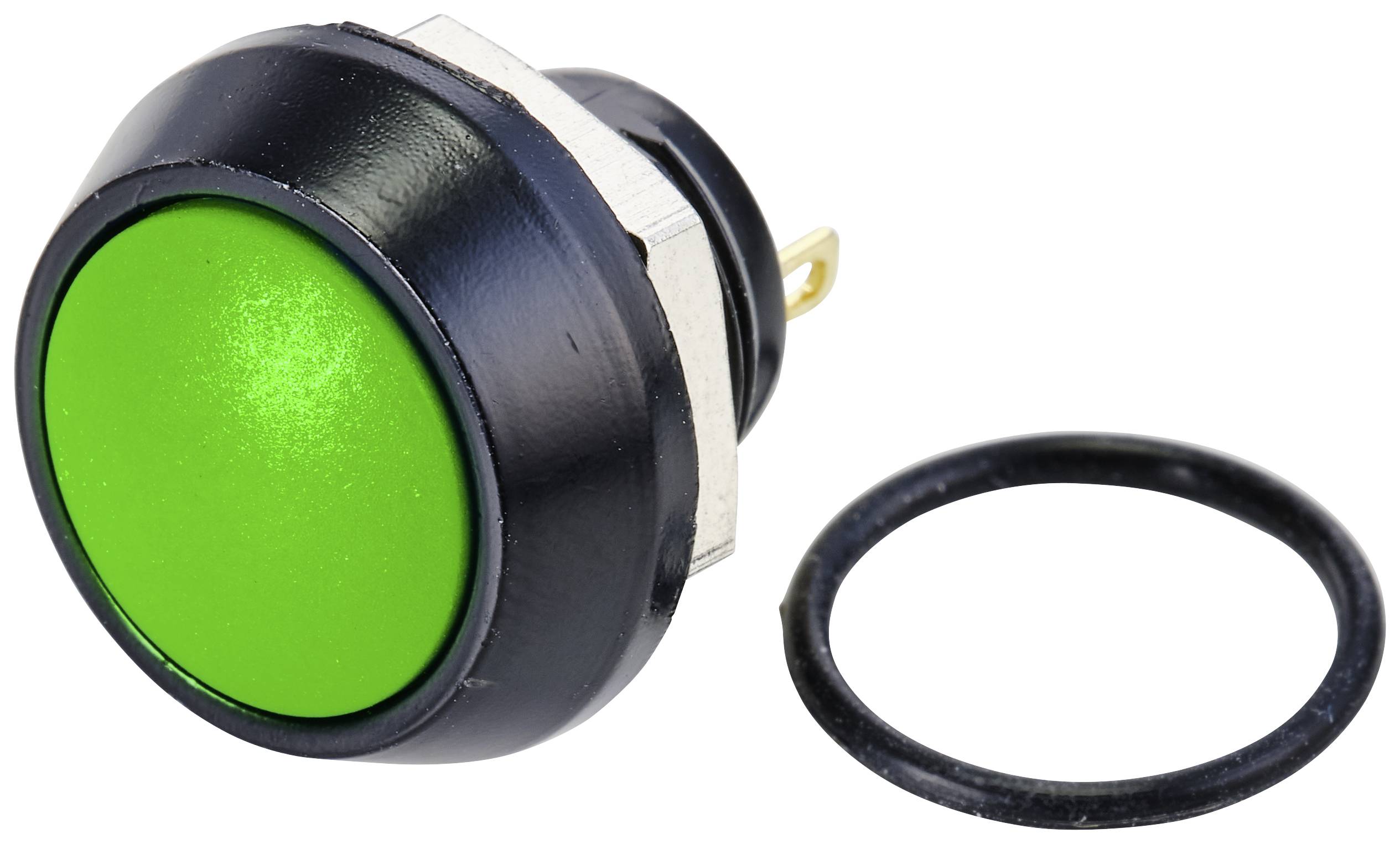 Ein grüner runder Druckknopf mit einem schwarzen Rahmen liegt neben einem schwarzen Dichtungsring.