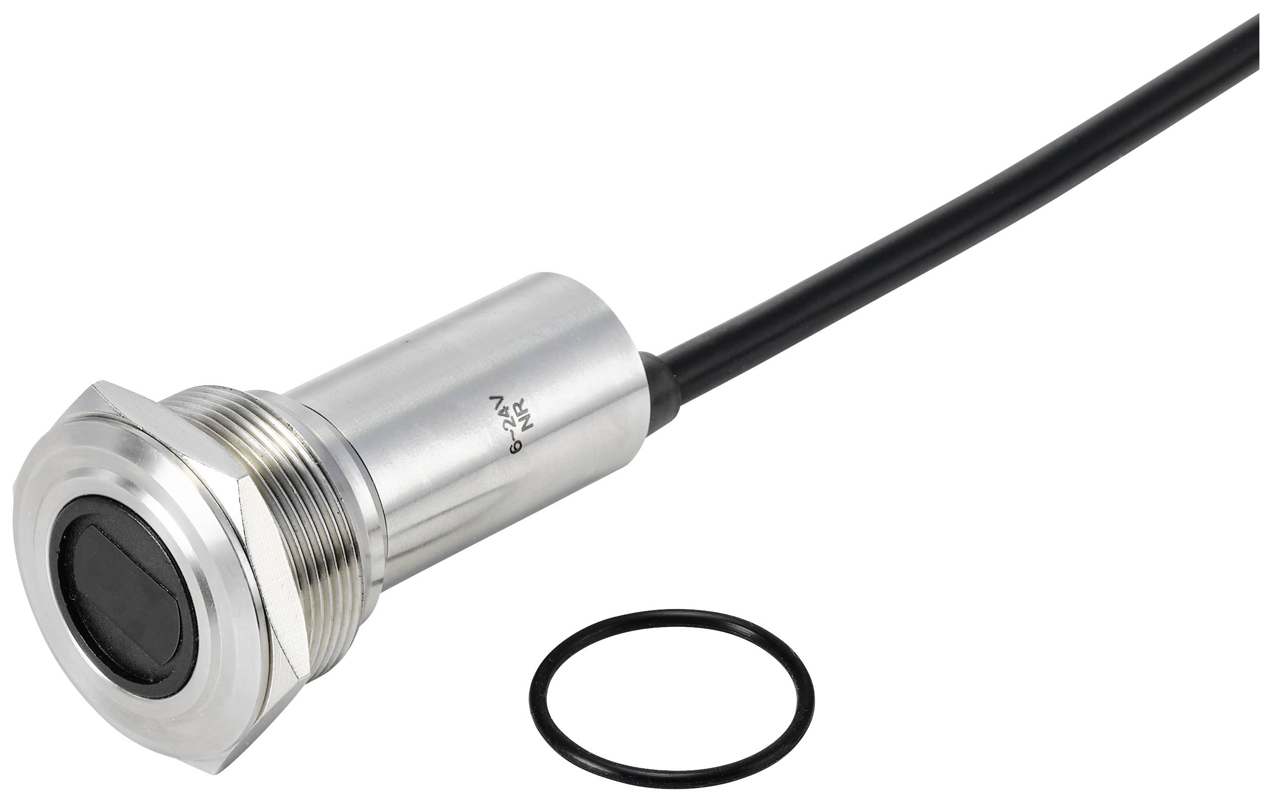 Metallsensor mit Kabel und rundem Dichtring auf weißem Hintergrund.