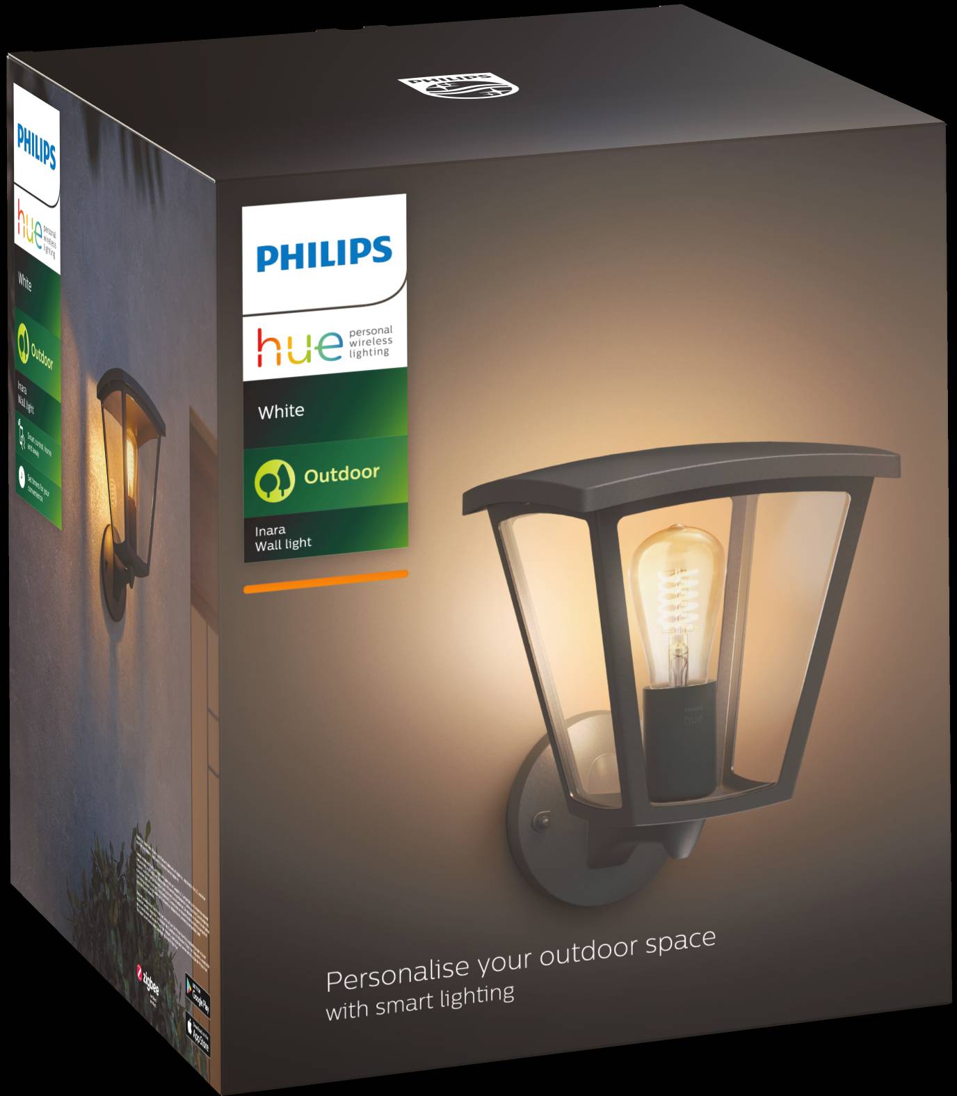Verpackung einer Philips Hue Wandleuchte, zeigt eine schwarze Außenlampe mit sichtbarer Glühbirne; für individuelle Außenbeleuchtung.