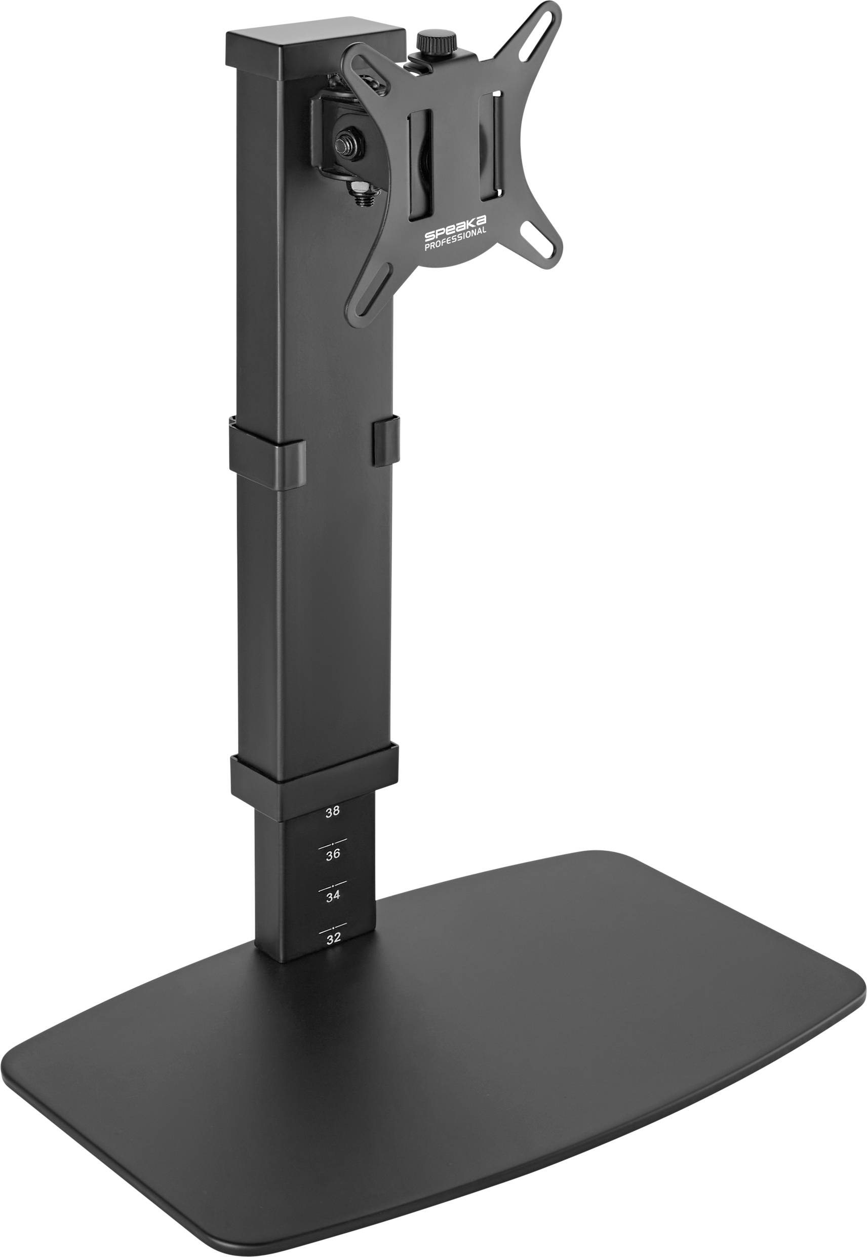 Sit-Stand Schreibtischtisch mit Monitorhalterung, höhenverstellbar, schwarz, für ergonomische Arbeitsplätze.