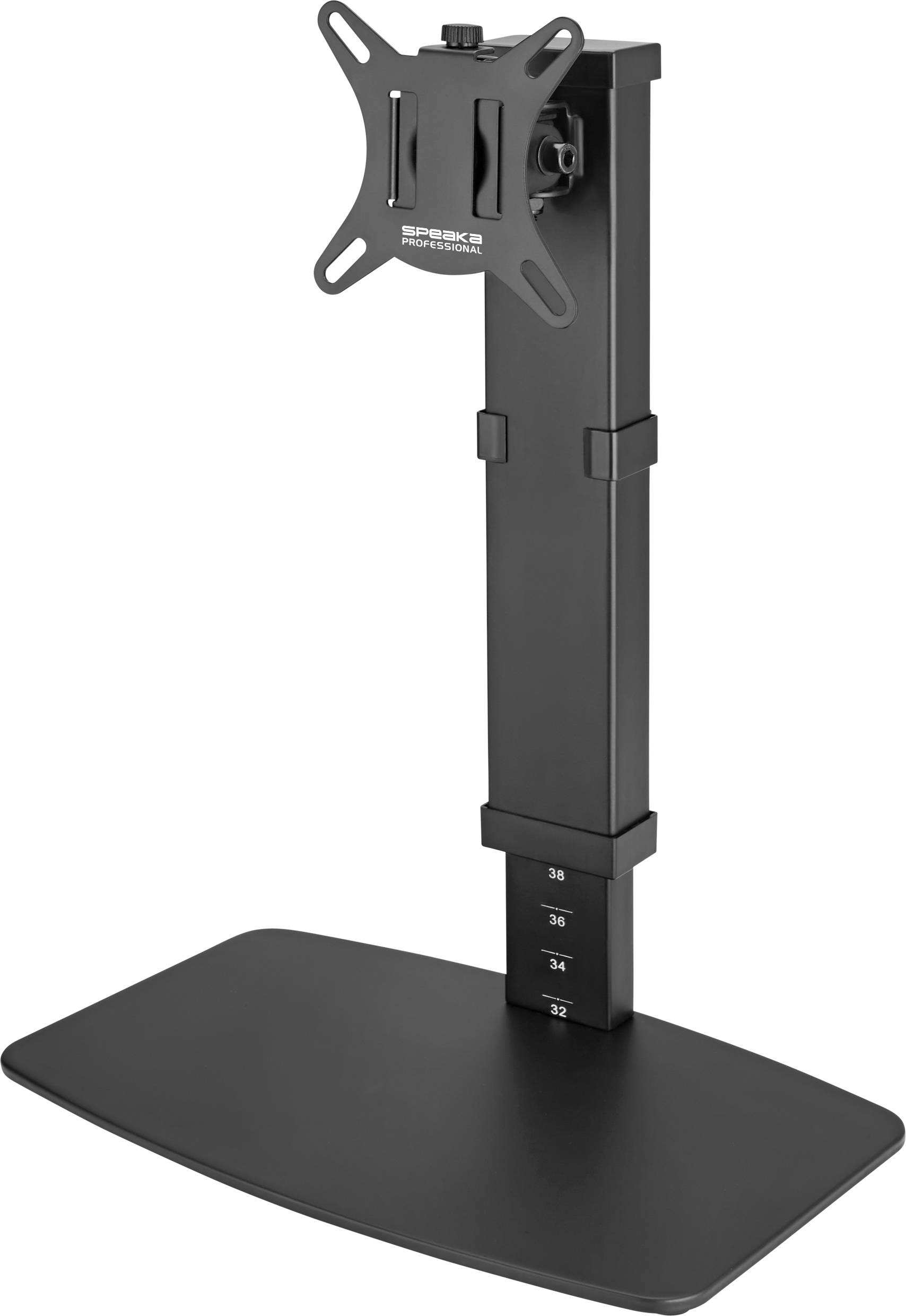 Monitorständer aus schwarzem Metall mit verstellbarer Halterung, auf rechteckiger Basis. Höhenmarkierungen an der Säule.