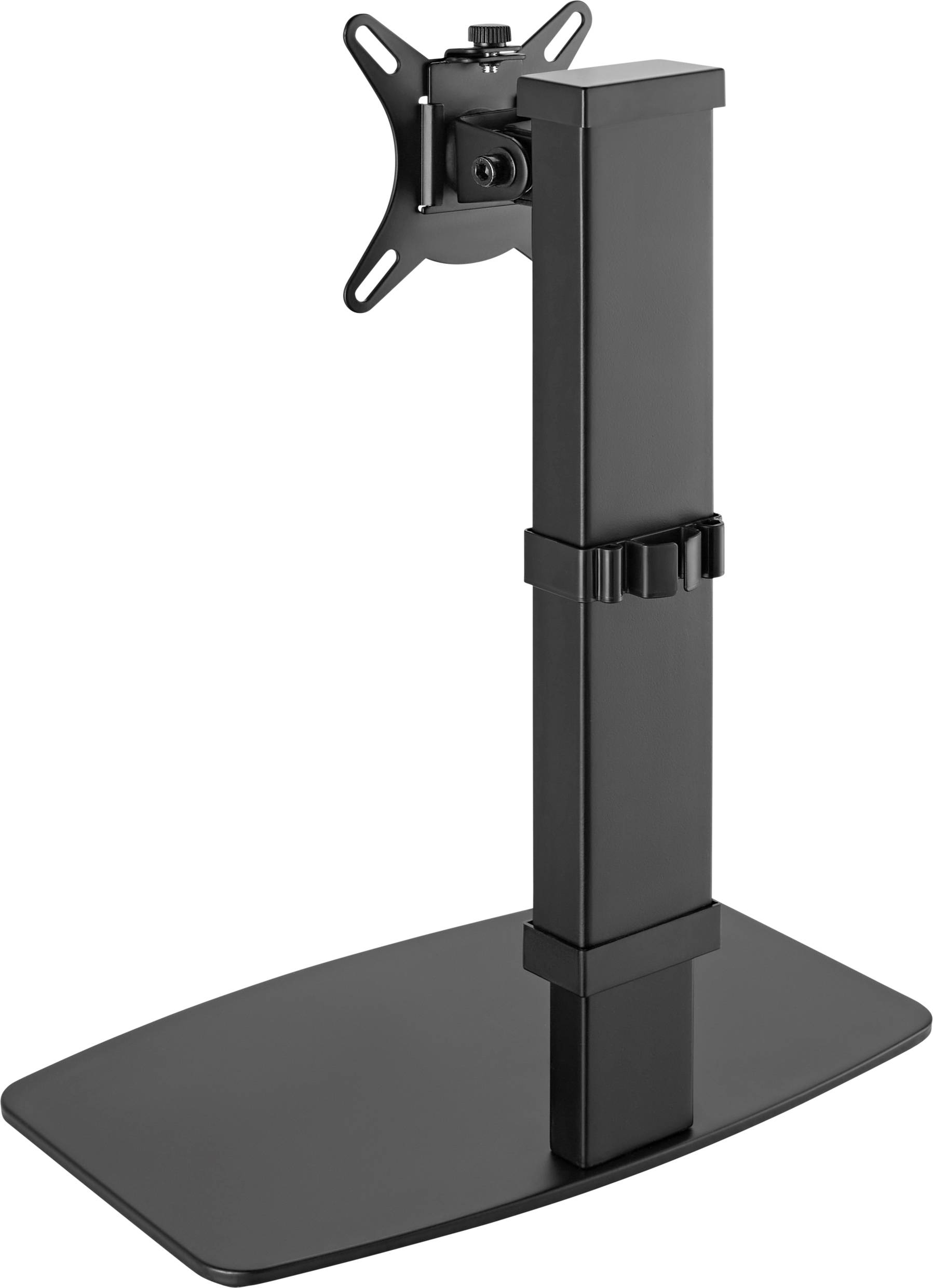 Schwarzer Monitorständer aus Metall mit verstellbarer Höhe und quadratischer Basis.
