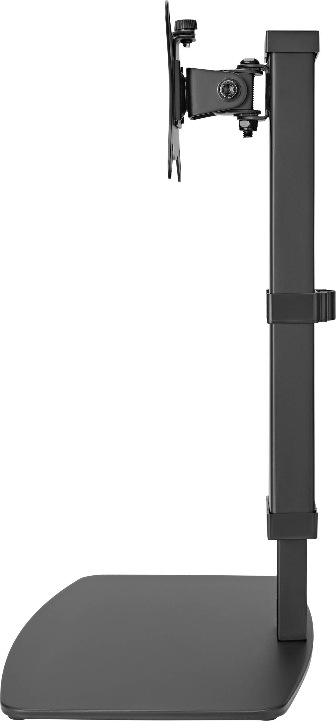 Monitorständer aus Metall, Seitenansicht. Verstellbare Halterung für Monitore, stabiler Boden und vertikale Armstütze. Ideal für ergonomische Arbeitsplatzanpassung.