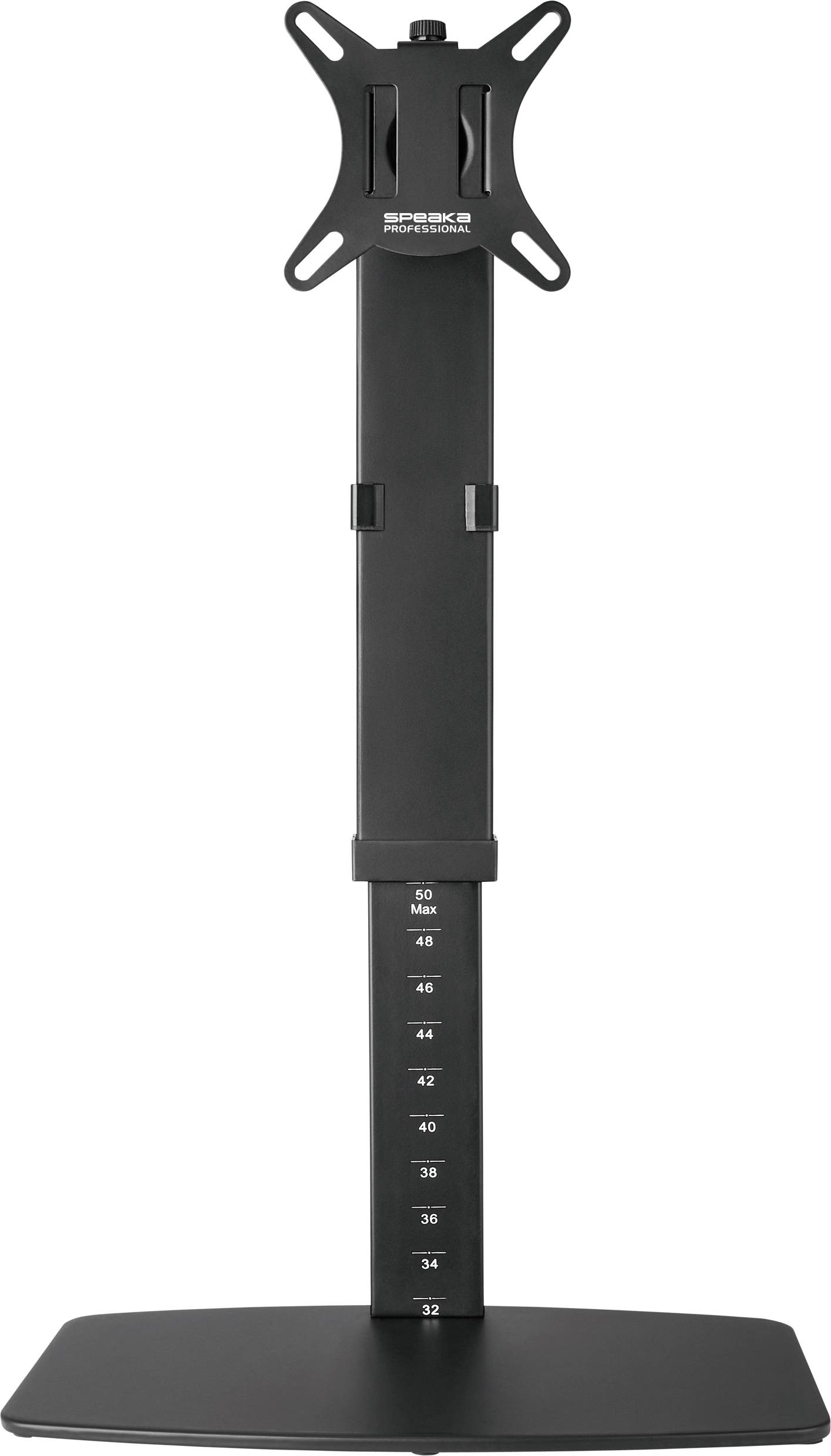 Schwarzer, verstellbarer Monitorständer für ergonomische Bildschirmhöhe, mit Skala von 32 bis 50 cm. Enthält Montagemöglichkeiten.