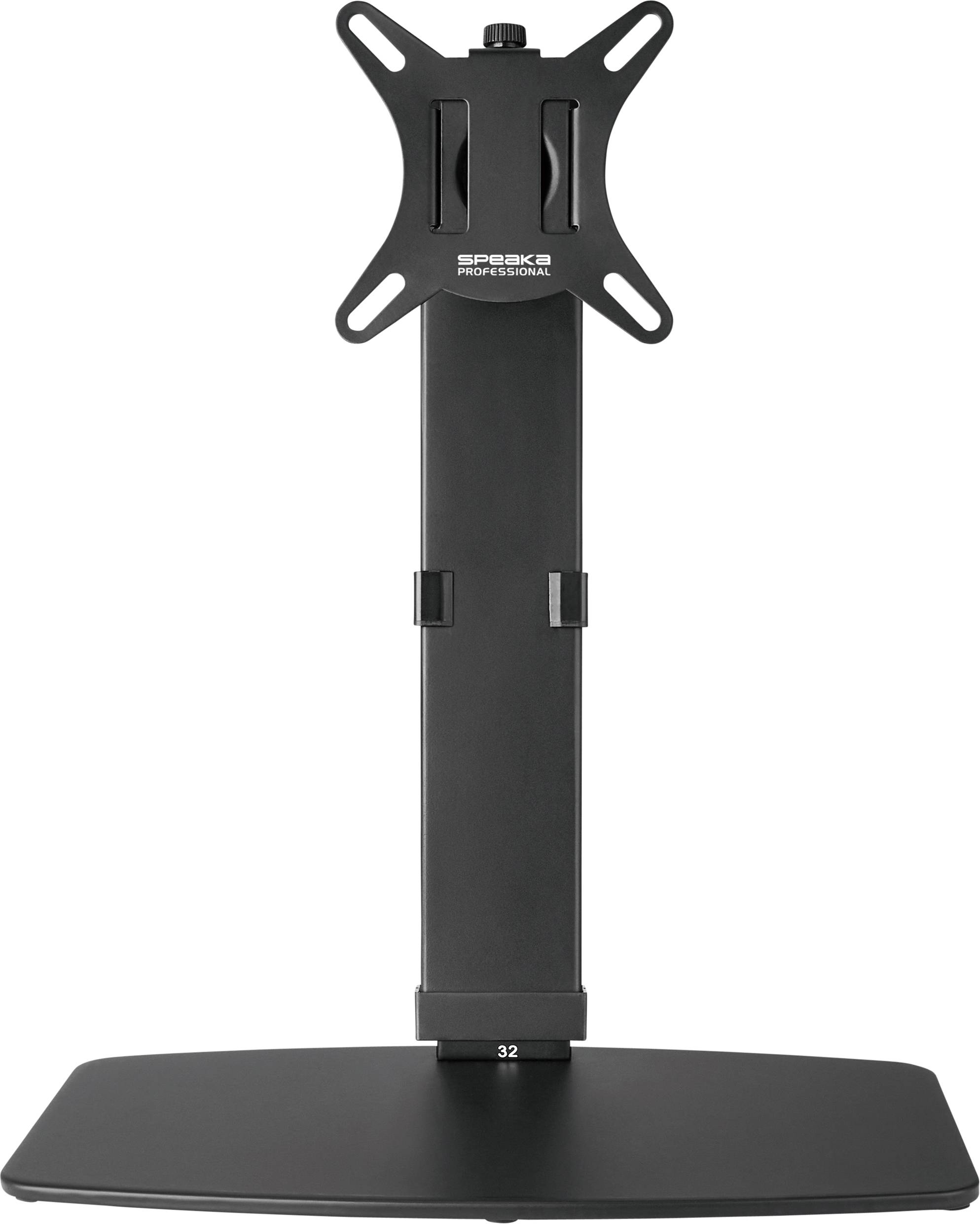 Ein schwarzer, höhenverstellbarer TV-Ständer mit flachem Standfuß, geeignet für Monitore. Markenname 'Speaka Professional'.