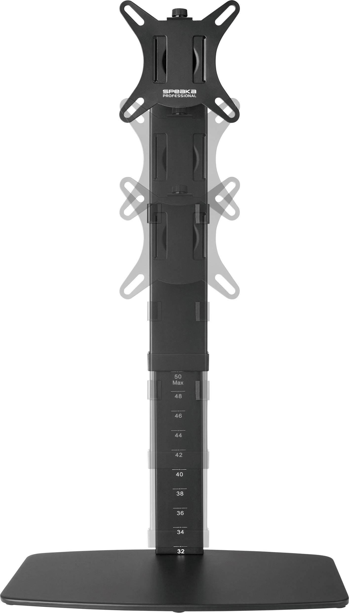 Ein schwarzer Monitorhalter mit höhenverstellbarem Ständer, aufrecht stehend. Geeignet für zwei Monitore, stabiler Standfuß.
