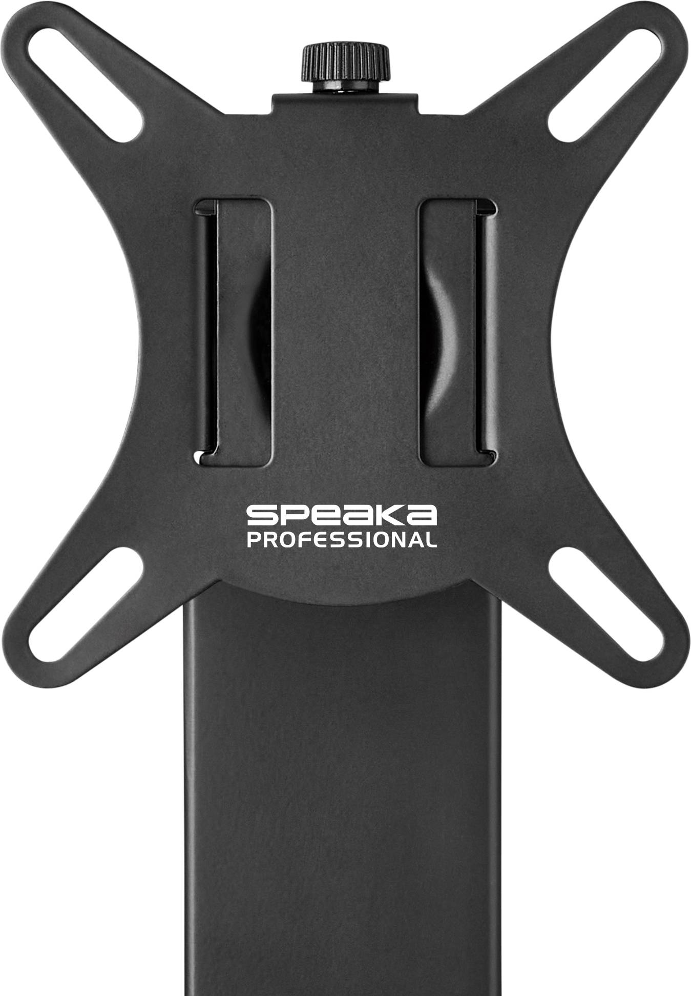 Schwarze Monitorhalterung mit der Aufschrift 'SPEAKA PROFESSIONAL', verstellbare Befestigungslöcher, geeignet für verschiedene Bildschirmgrößen.