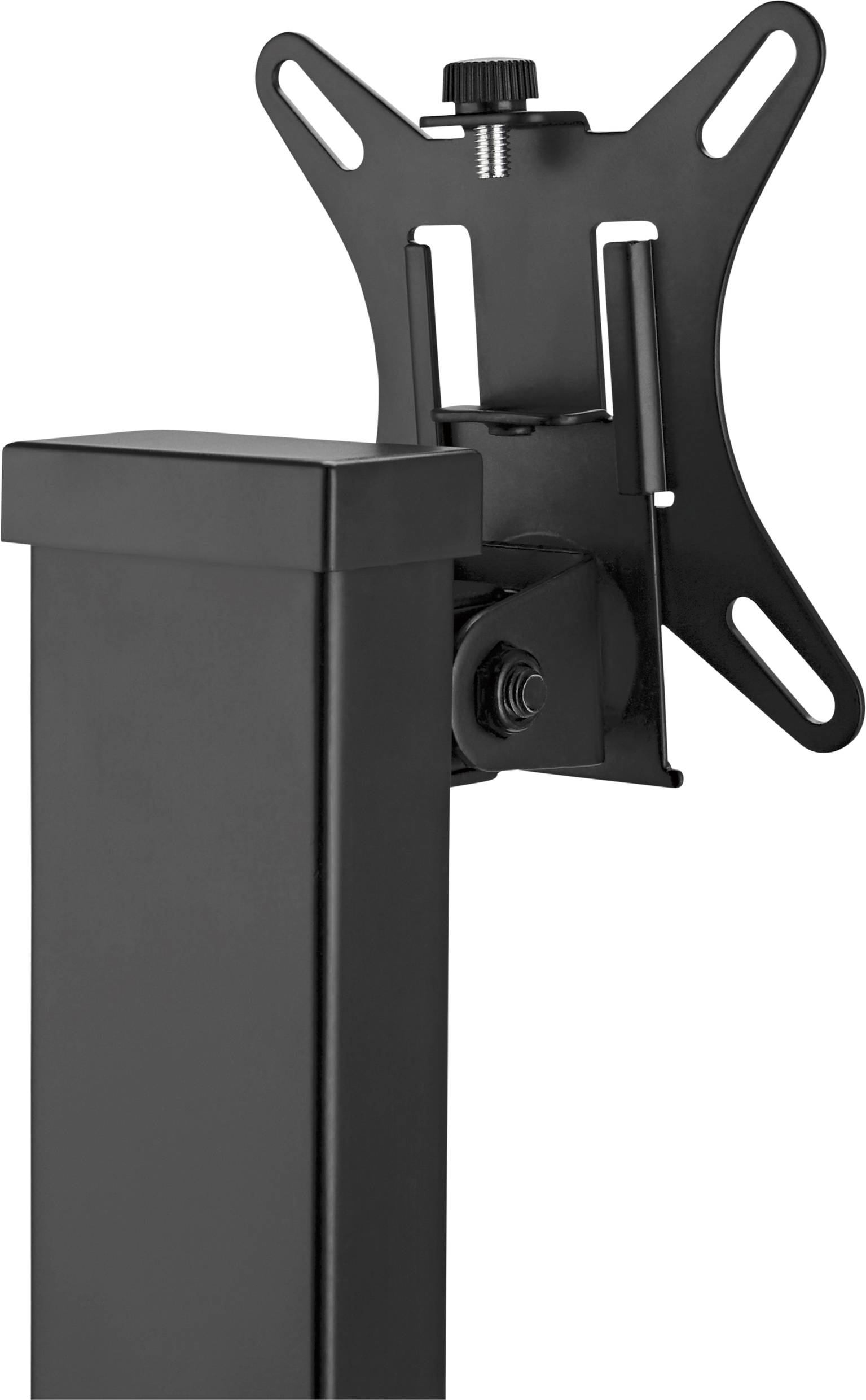 Ein verstellbarer schwarzer Monitorhalter mit VESA-Halterung, geeignet zur Befestigung von Monitoren an einem Standfuß oder einer Wand.