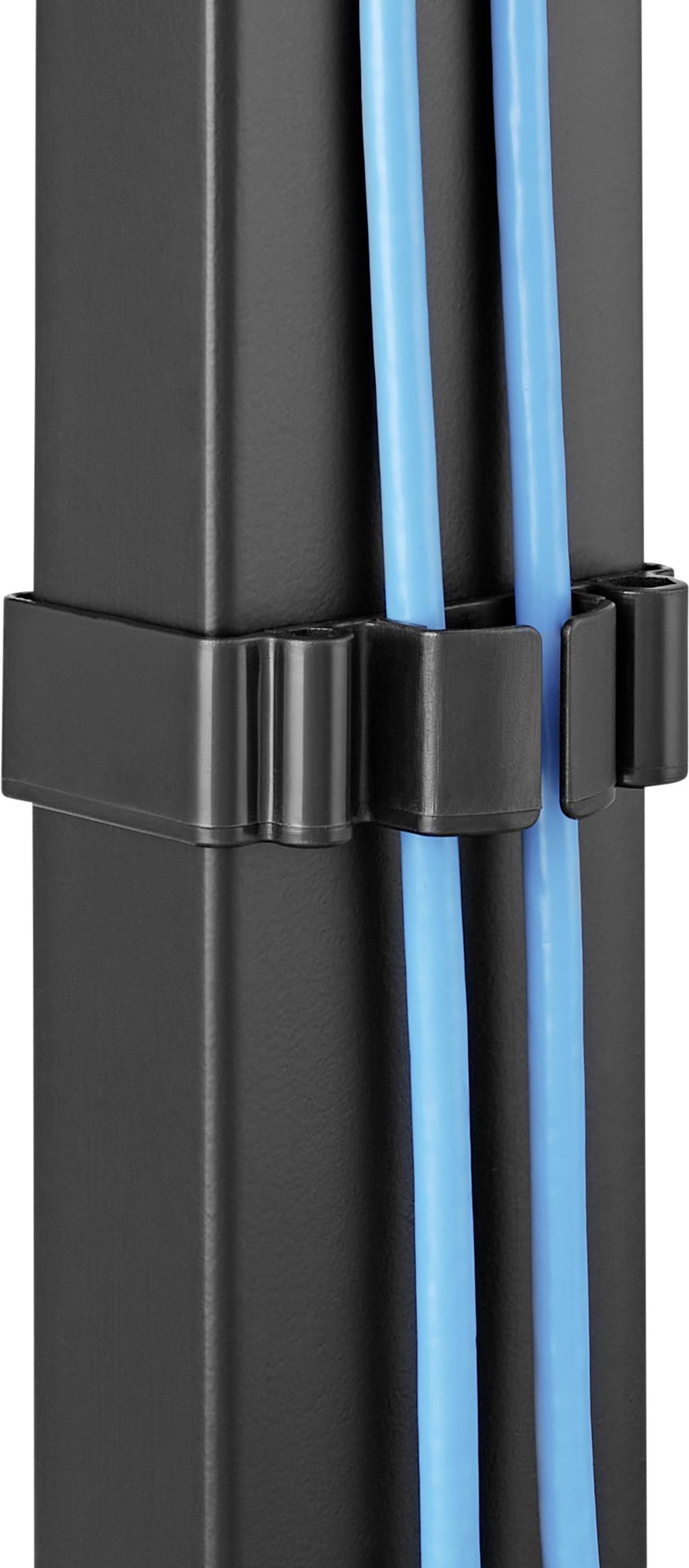 Ein schwarzer Kabelkanal organisiert und verbirgt zwei blaue Kabel an einer Wand.