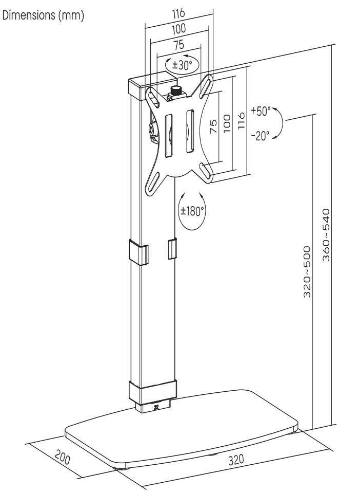 Zeichnung eines verstellbaren Monitorständers mit Abmessungen in Millimetern: Höhe 320-540 mm, Winkel von +50° bis -20°, Drehung ±180°.