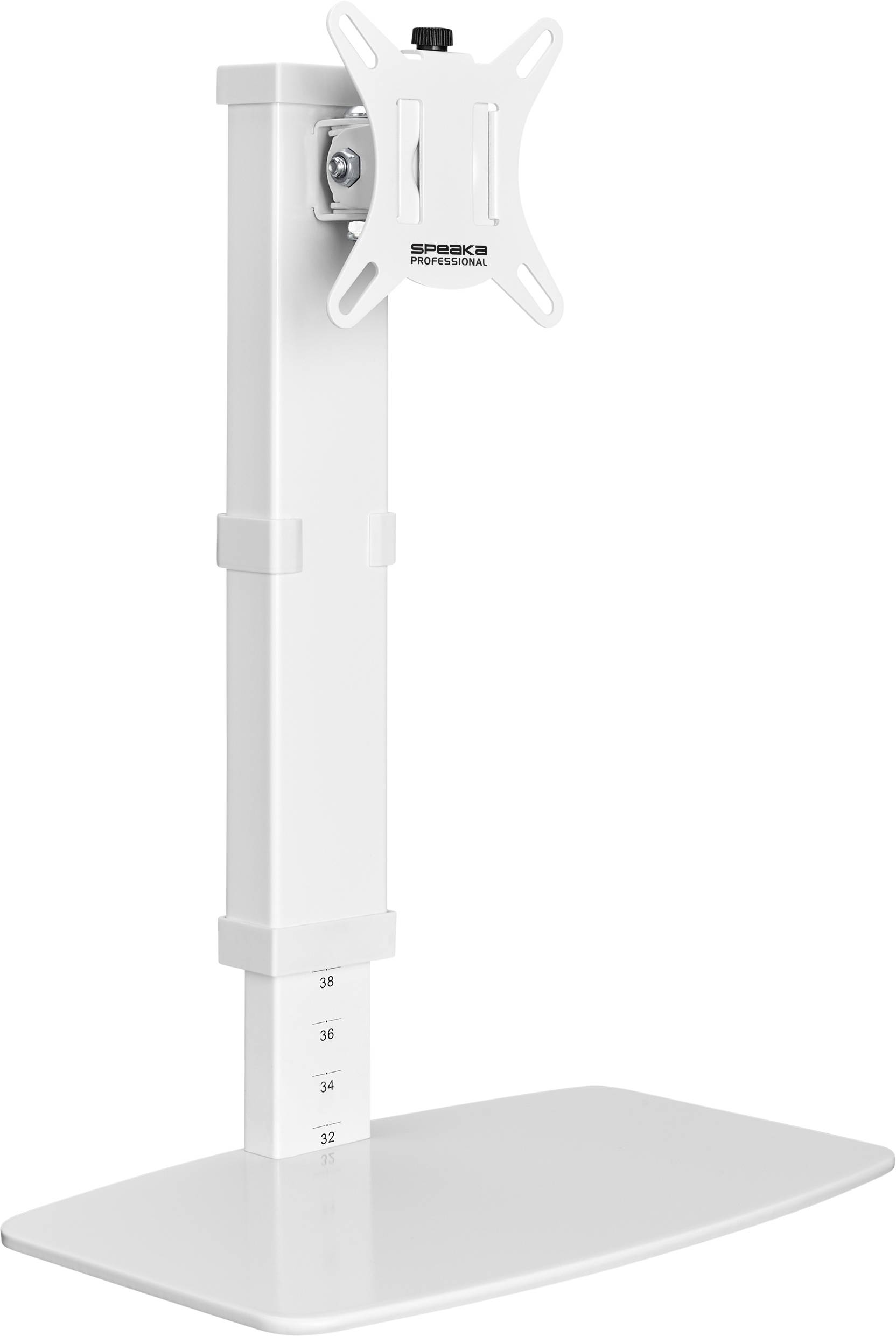 Ein weißer, höhenverstellbarer Monitorständer mit Schwenkarm, ideal für ergonomisches Arbeiten.