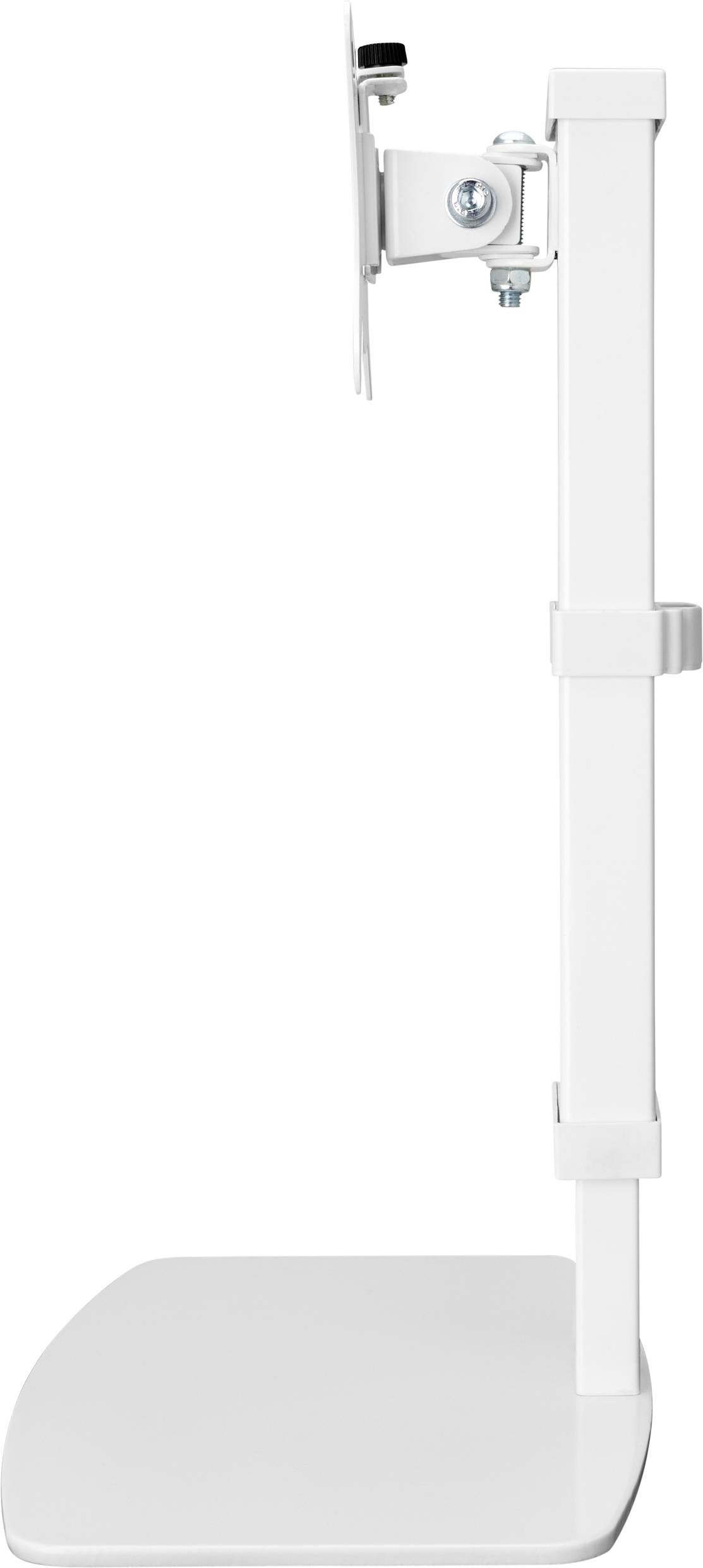 Ein weißer, höhenverstellbarer Monitorständer mit flachem Fuß und Halterung. Geeignet für Büromonitore zur Ergonomieverbesserung.