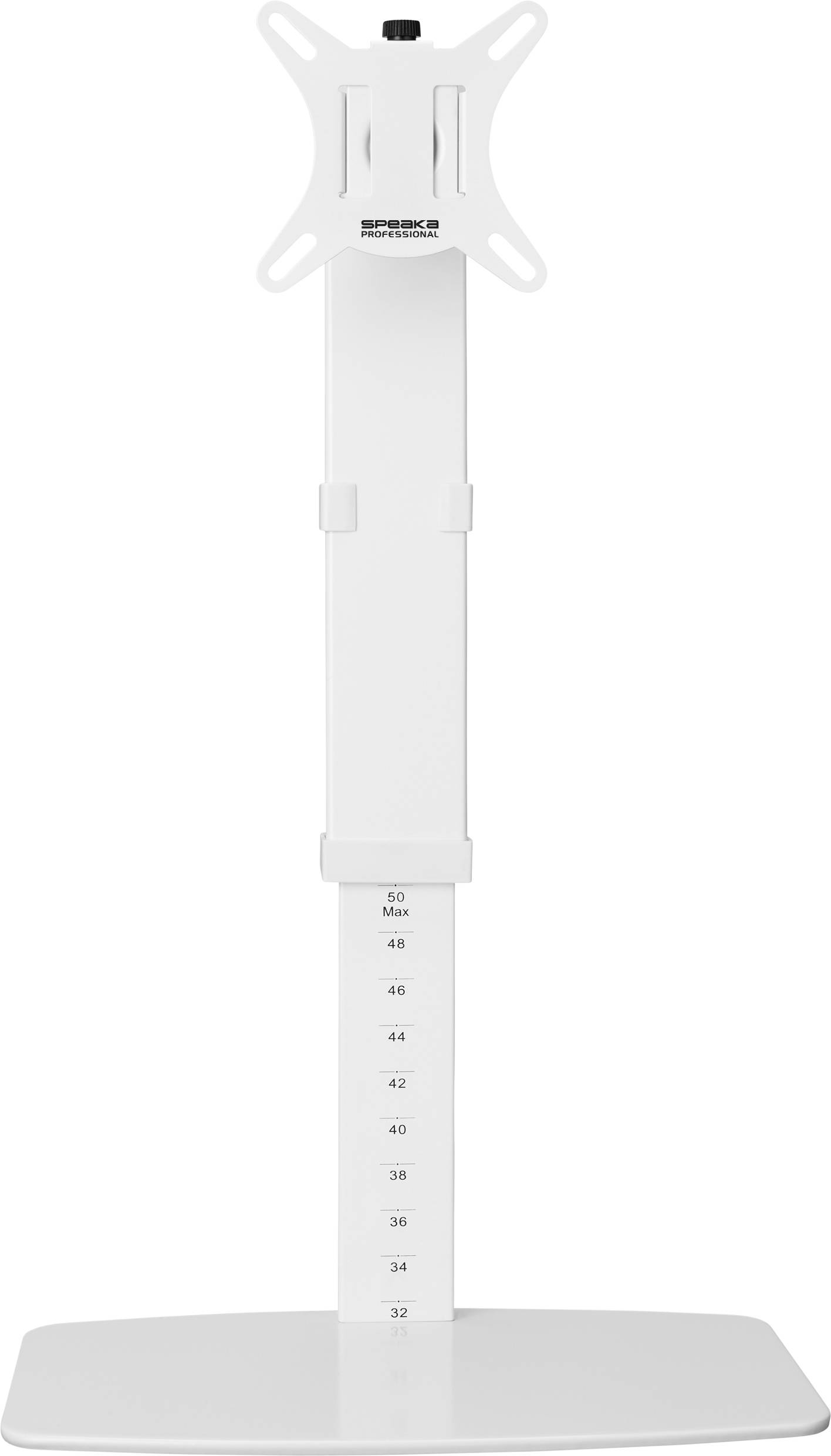 Höhenverstellbarer weißer Monitorständer mit Maß-Markierungen an der Vorderseite. Geeignet zum Platzieren eines Bildschirms auf einem Schreibtisch.