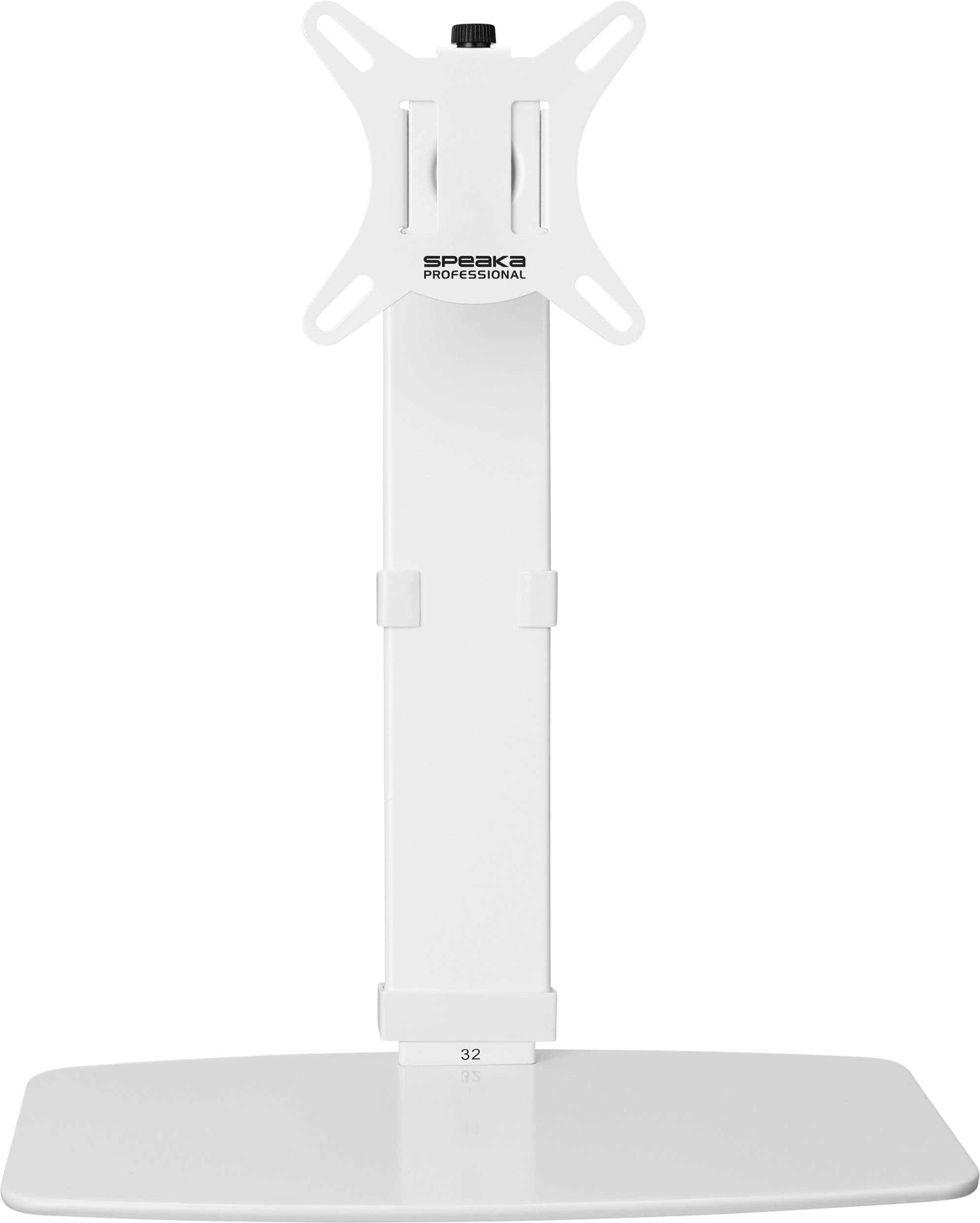 Weißer Monitorständer mit verstellbarem Arm und stabilem Fuß. Oben ist das Logo 'SPECK PROFESSIONAL' abgebildet.