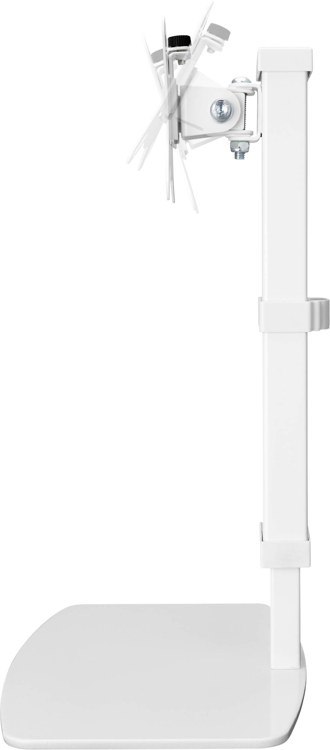 Ein weißer Gerätehalter mit verstellbarem Arm und Schraube, montiert auf einer stabilen Basis. Ideal zum Befestigen von Zubehör.