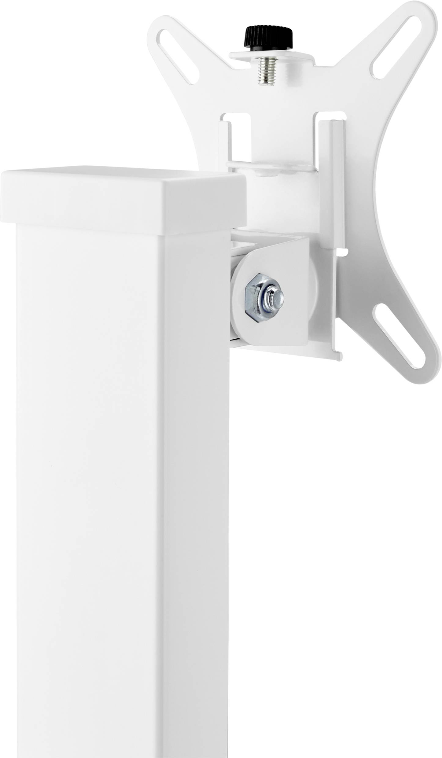 Ein weißer Metallhalter, der zur Montage eines Monitors oder Bildschirms dient. Er hat ein quadratisches Gelenk und verstellbare Schrauben.