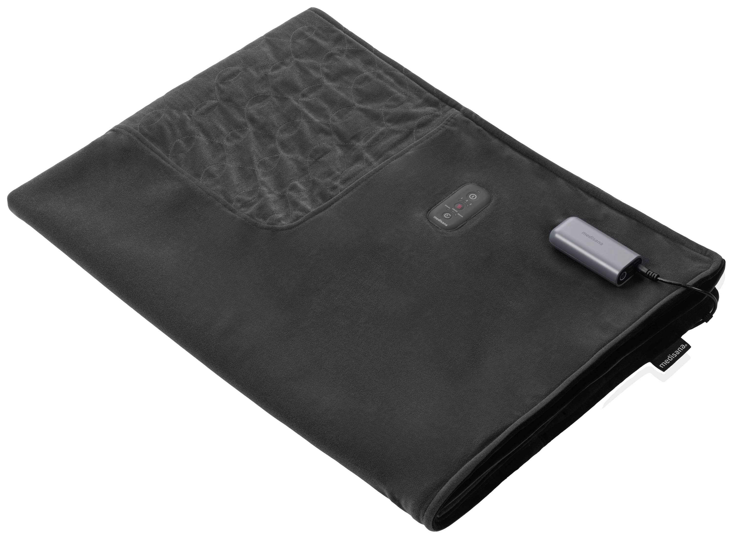 Schwarze Heizdecke mit Steuerungseinheit und abnehmbarer Batterie an der Seite, auf einer hellen Oberfläche platziert.