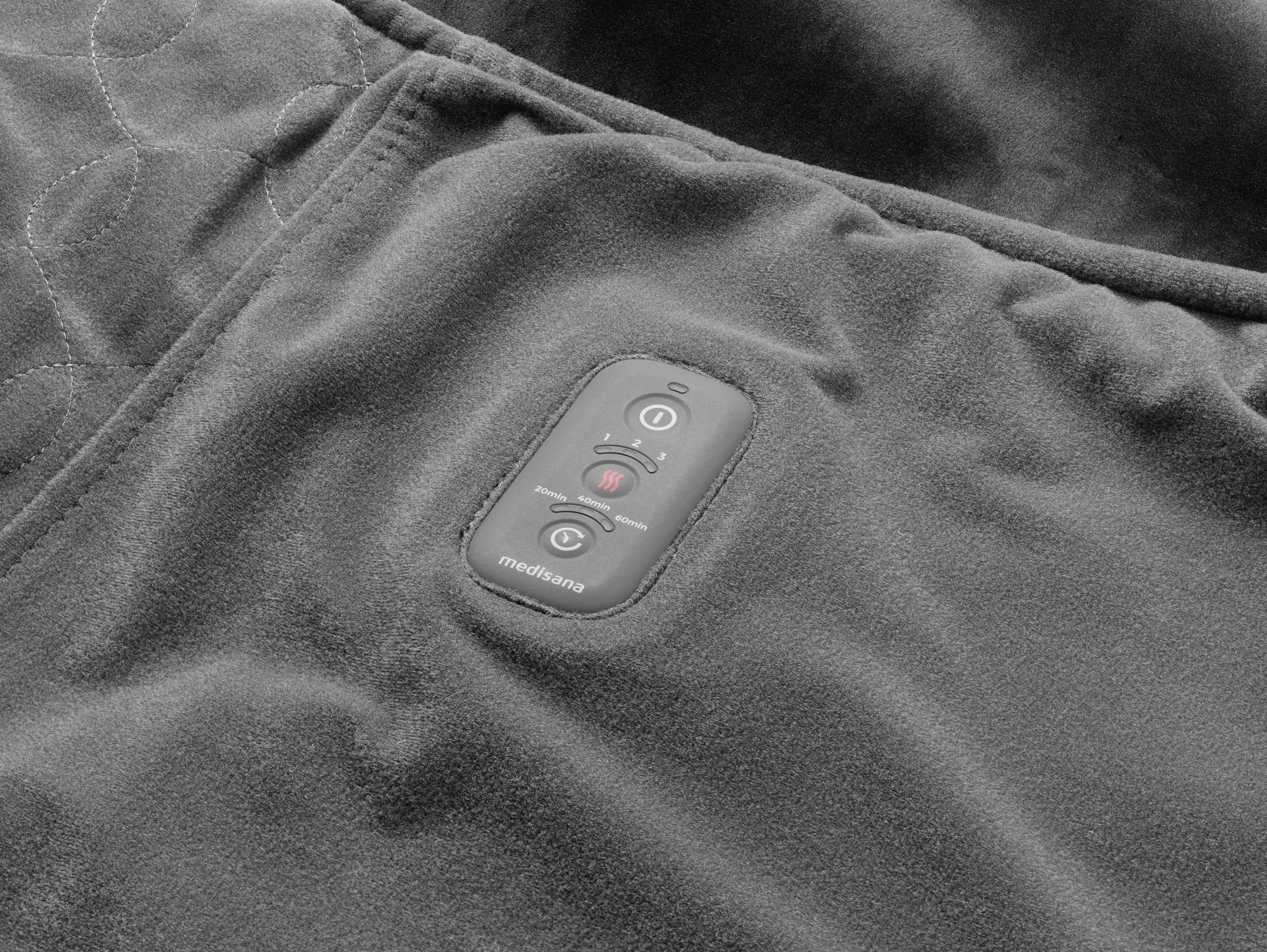 Ein grauer Stoff mit einem eingebauten Bedienfeld; Schaltflächen zeigen Ein/Aus, Wärmeintensität und Timer an.