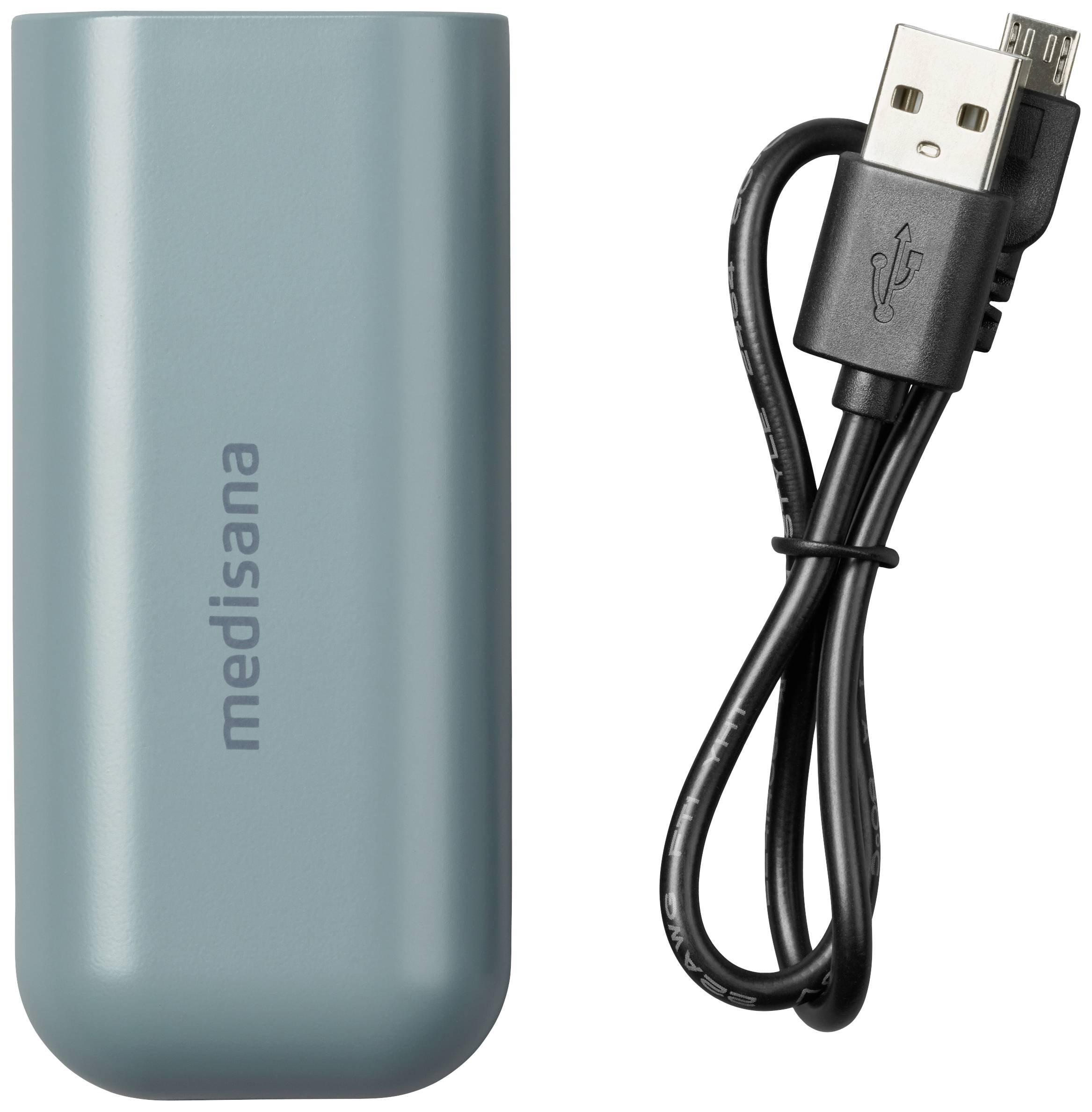 Tragbarer Powerbank-Ladegerät in Türkis mit USB-Kabel, geeignet für mobile Geräte. Marke 'medisana' auf der Oberfläche sichtbar.
