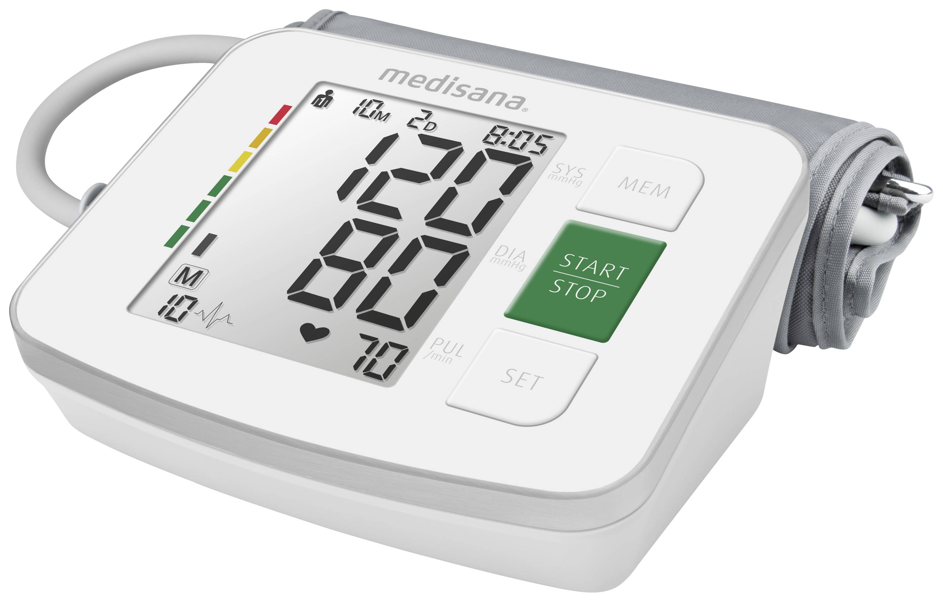Blutdruckmessgerät mit digitaler Anzeige zeigt Werte von 120 zu 80 mmHg. Die Zeit ist 8:05. Knöpfe für Start/Stop und Einstellungen.