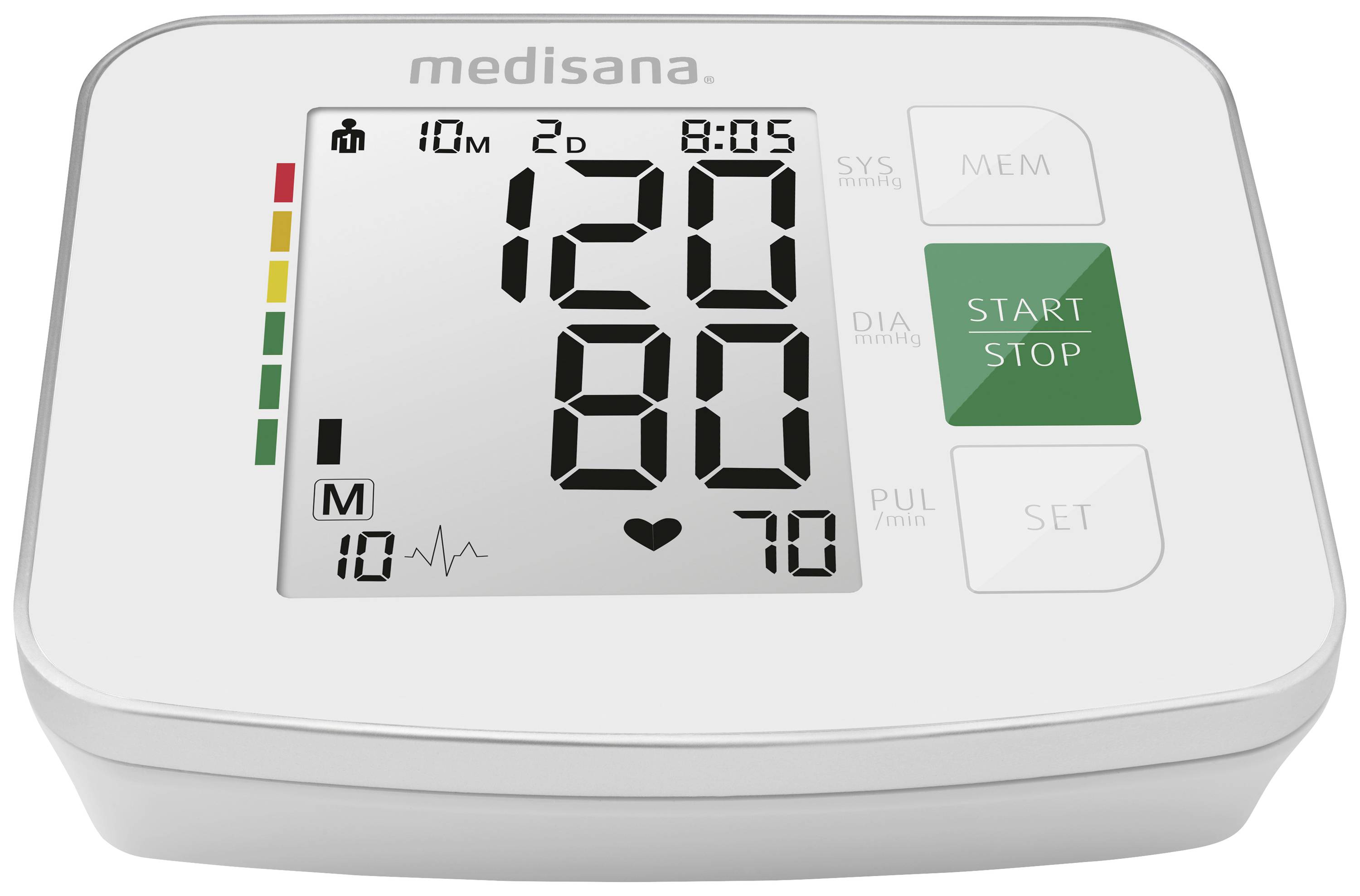 Ein digitaler Blutdruckmesser zeigt einen Blutdruck von 120 zu 80 mmHg, Herzsymbol, grüne Taste mit 'START STOP', daneben 'SET'.