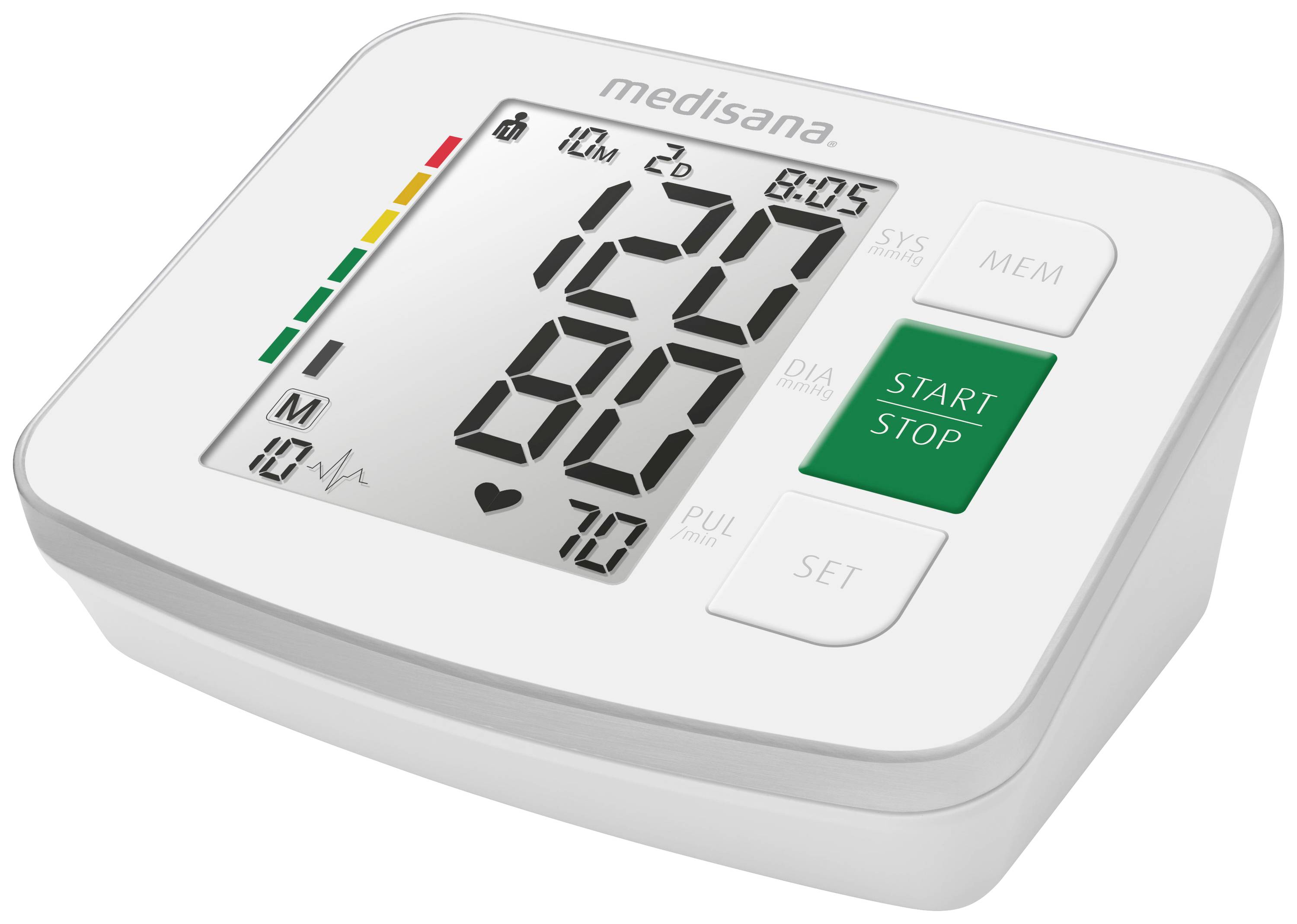 Blutdruckmessgerät mit großem Display zeigt systolischen Druck von 120, diastolischen Druck von 80 und Puls von 70. Knopf 'START STOP'.