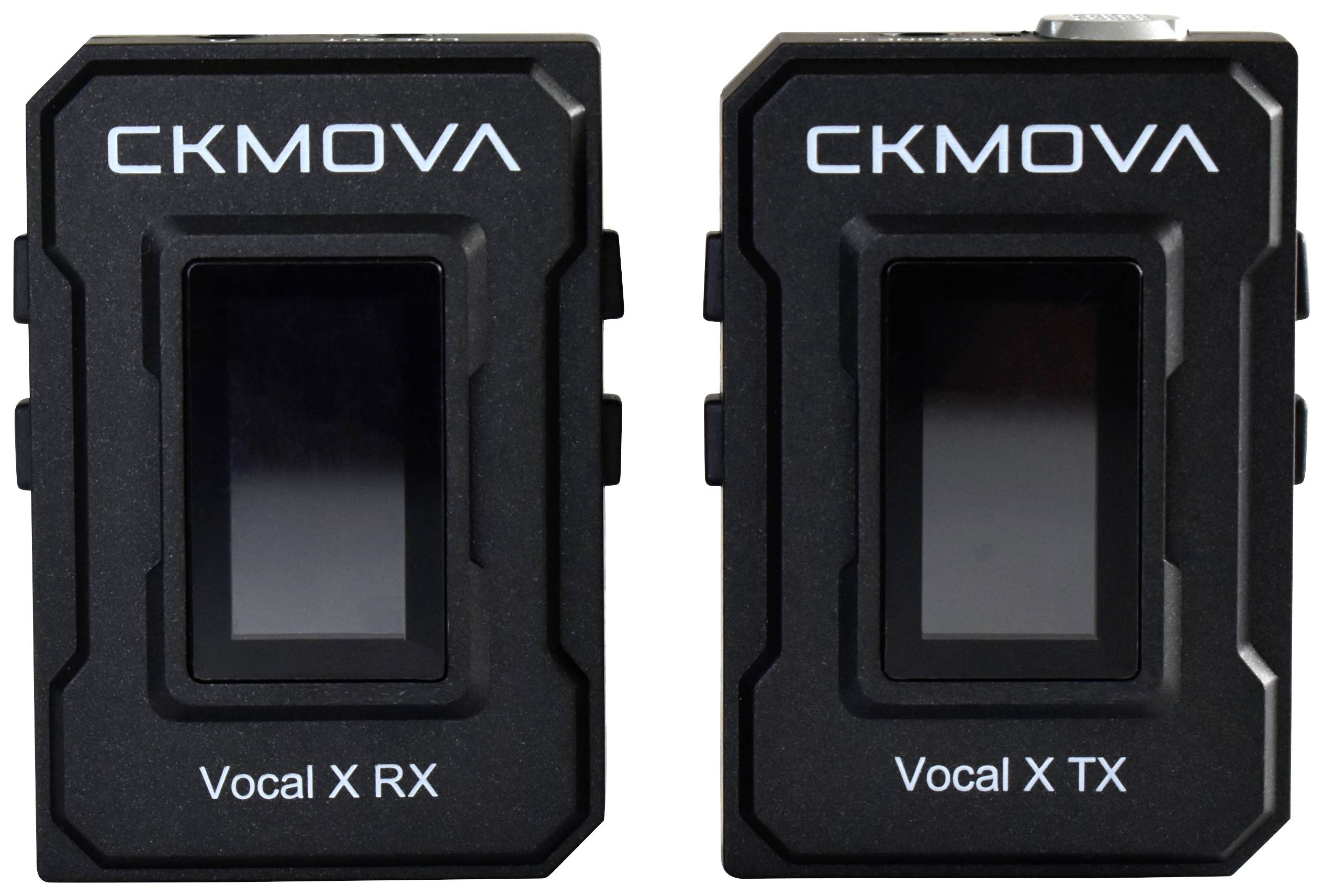 Zwei schwarze drahtlose Mikrofon-Empfänger mit Bildschirmen, beschriftet mit 'Vocal X RX' und 'Vocal X TX'.