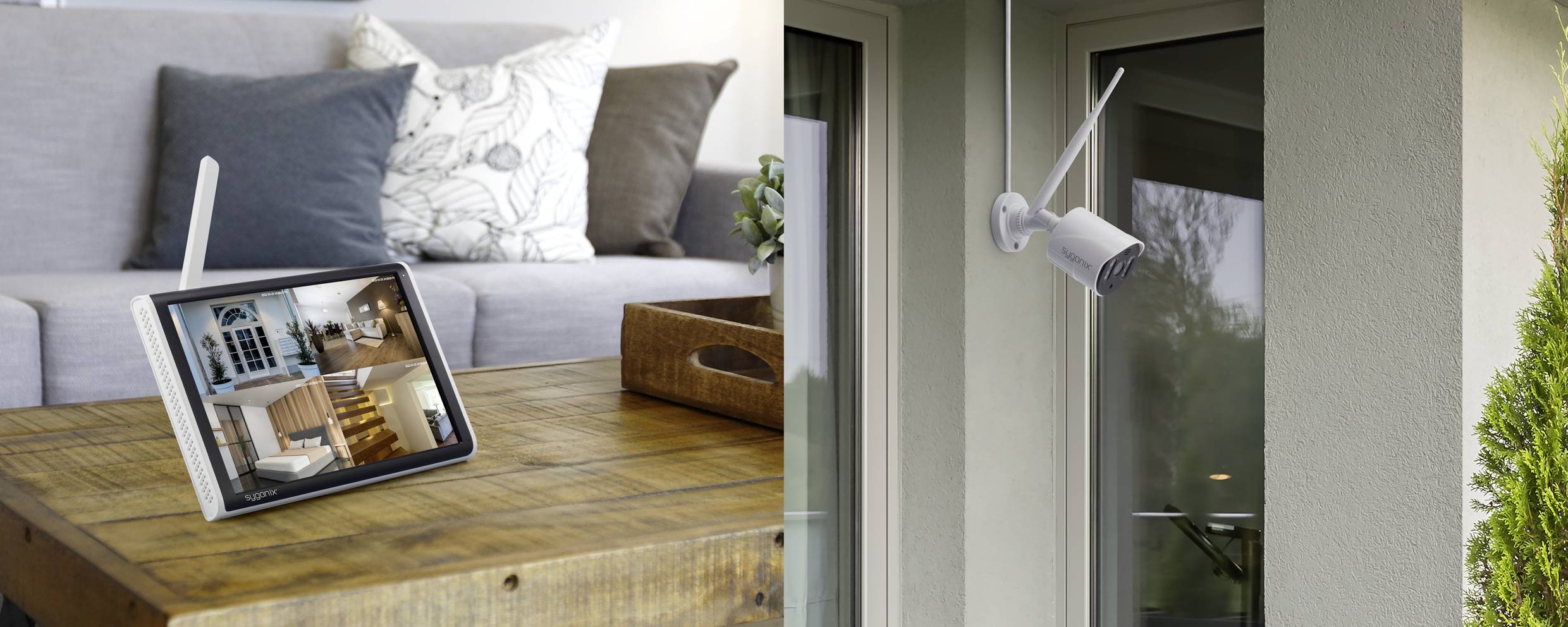Ein Tablet auf einem Holztisch zeigt Kamerabilder von Innenräumen. Draußen ist eine Sicherheitskamera an einer Hauswand montiert.