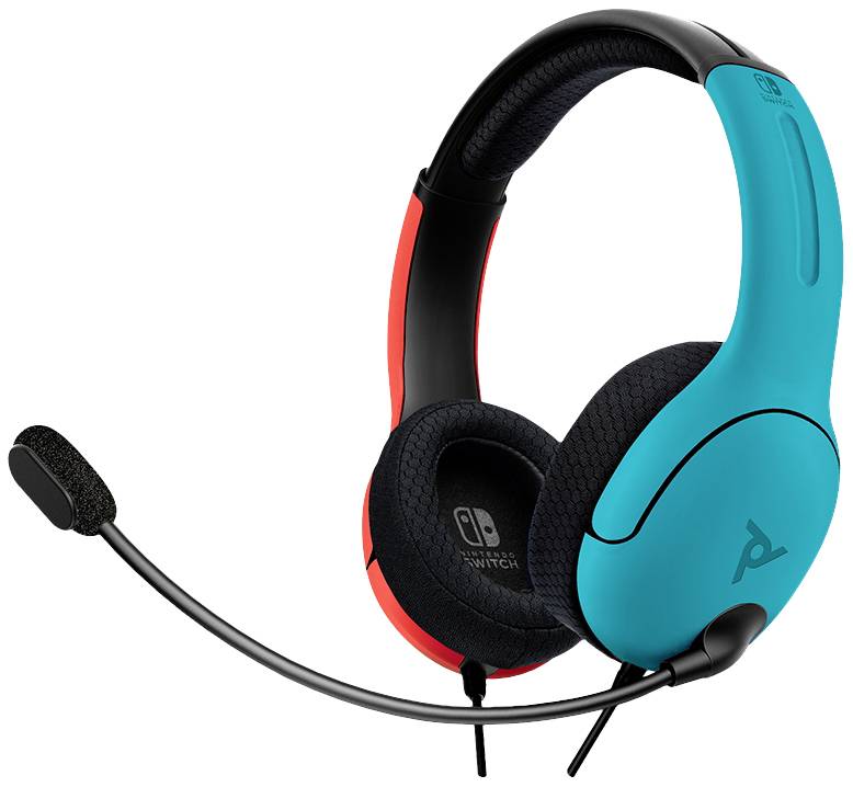 Ein schwarz-türkises Gaming-Headset mit rotem Innenpolster und abnehmbarem Mikrofonarm, kompatibel mit Nintendo Switch.