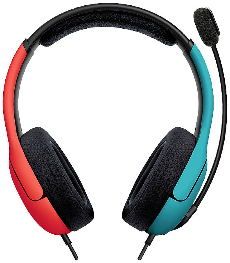 Kopfhörer mit Mikrofon in leuchtendem Rot und Blau, gezeigt von vorne. Design modern, für Gaming oder Multimedia geeignet.