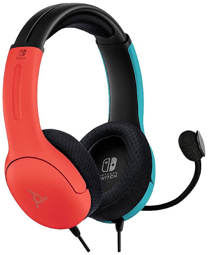 Ein Gaming-Headset mit Mikrofon, rot und blau gestaltet, kompatibel mit Nintendo Switch.
