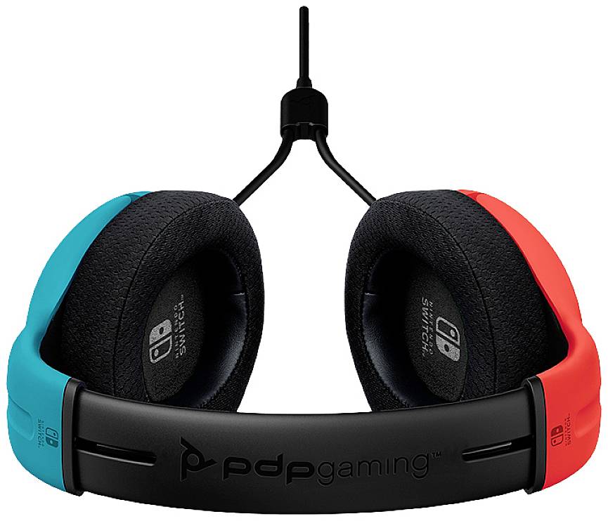Leuchtend blau-rote Gaming-Kopfhörer von 'pdp gaming' mit flexiblem Kopfband, passend für Nintendo Switch.