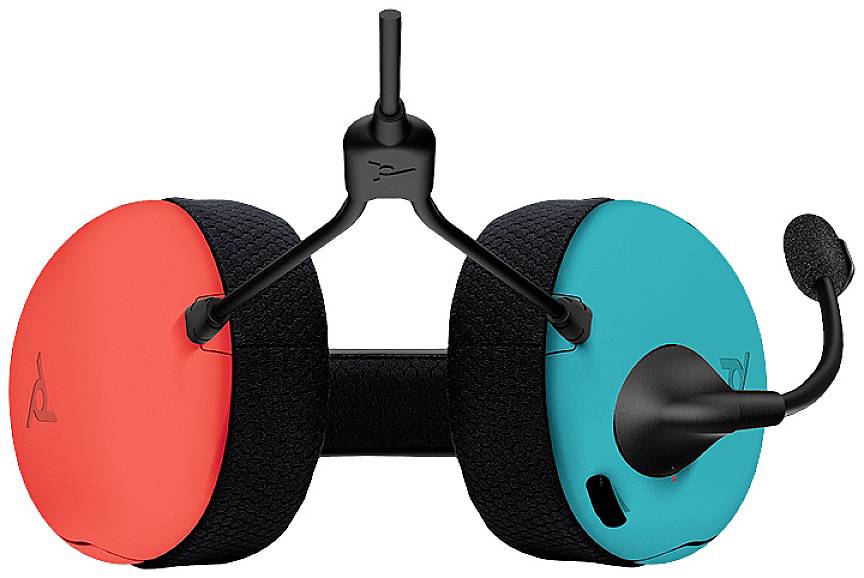 Gaming-Headset mit rot-blauen Ohrmuscheln und schwarzem Mikrofon. Die Ohrpolster sind gepolstert und ergonomisch geformt.